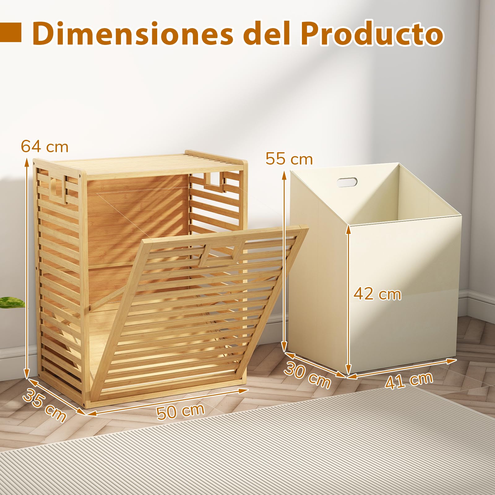 GIANTEX Armario de Lavandería de Bambú, Cesto para Colada de Tela Extraíble, 50 x 35 x 64 cm, Armario para Ropa Sucia con Asa, Mueble Organizador para Baño, Lavandería