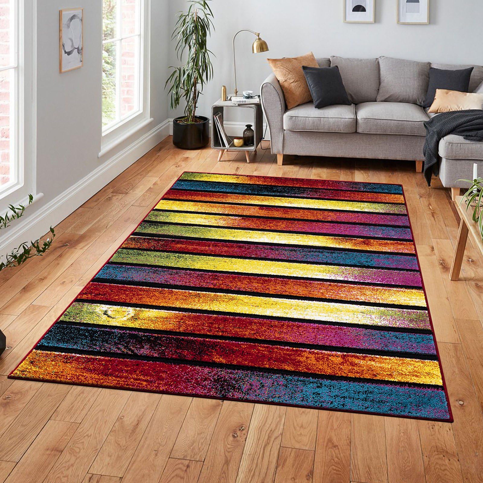 cozily® Medium Pile No Shed Jute Rug Large, Multi Coloured Rugs Living Room Carpet - 160 x 230 cm, Stripes - Washable Rug for Bedroom, Sitting Room & Lounge