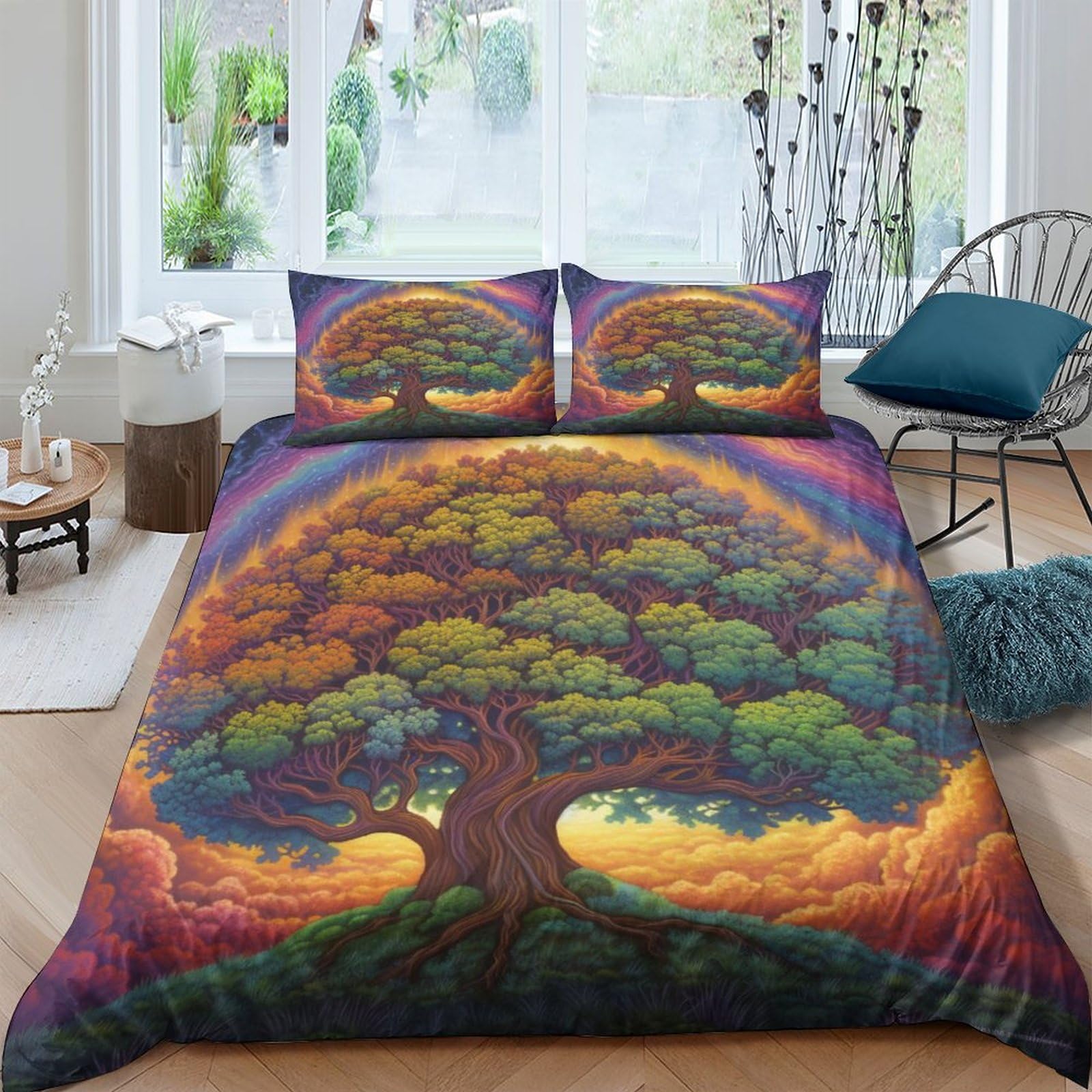 Housse de couette zippée arbre arc-en-ciel, fini les couettes qui glissent avec cette parure 3D
