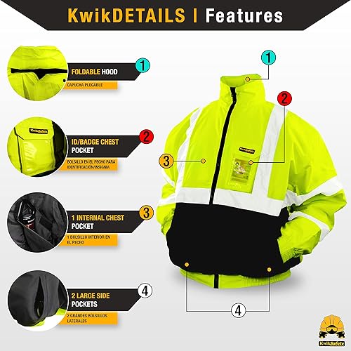 Miniatura 4 de KwikSafety - Charlotte, NC - Chaqueta de seguridad GUARD, INVESTIGATOR & DISPATCHER [Capucha plegable] Clase 3 ANSI probado OSHA, Bolsillo