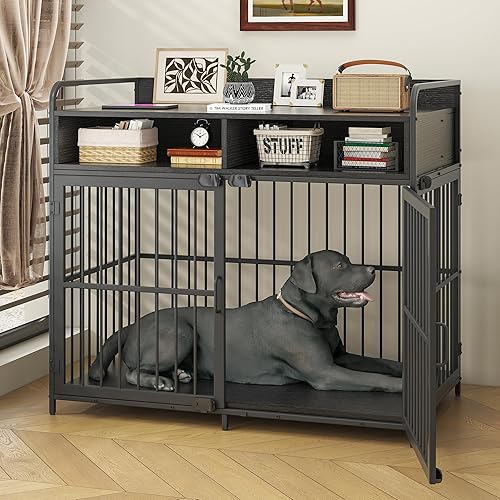 Miniatura 9 de Saudism Muebles de jaula grande para perros perrera para perros mesa de jaula de madera con cajones de almacenamiento jaula de perro resistente