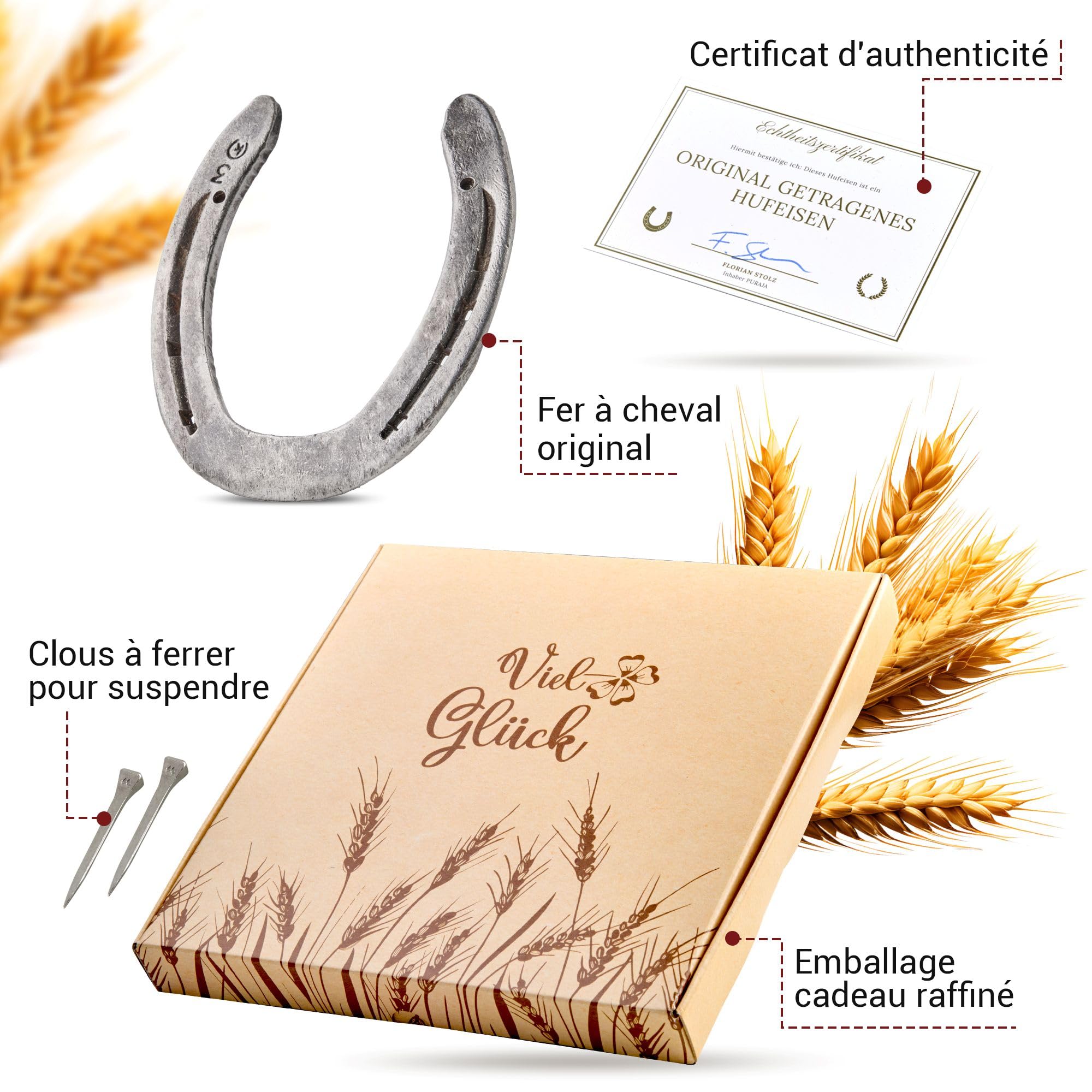PURAJA Fer à Cheval Cadeau | Véritable Fer à Cheval porté | Porte-Bonheur pour Un Anniversaire, Un emménagement, Une fête, Un Mariage, Un baptême ou Une Naissance | avec Certificat d'authenticité