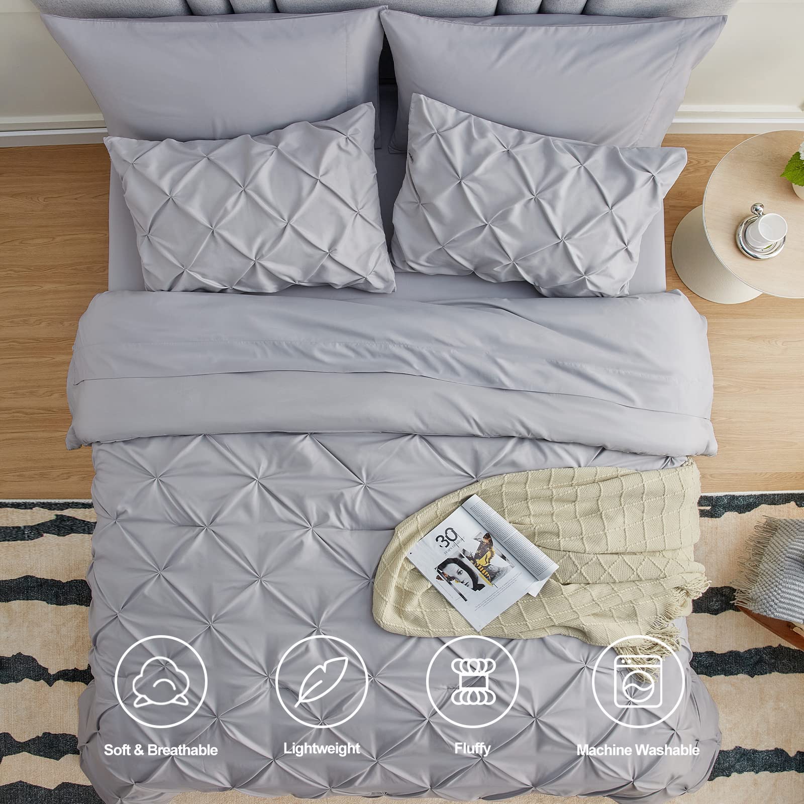 CozyLux King Comforter Set - 7 Pieces Comforters King Size Light Gray, Pintuck Bed in A Bag Pinch Pleat Bedding Sets with All Season Comforter, Flat Sheet, Fitted Sheet and Pillowcases & Shams