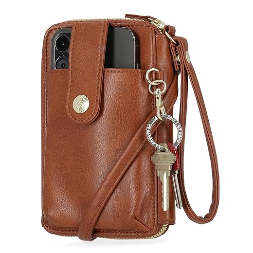Mundi Jacqui RFID Blocking Crossbody Wallet Bag for Women, Compact Travel-Size Cell Phone Holder Purse - Vegan Leather, Brown Sugar