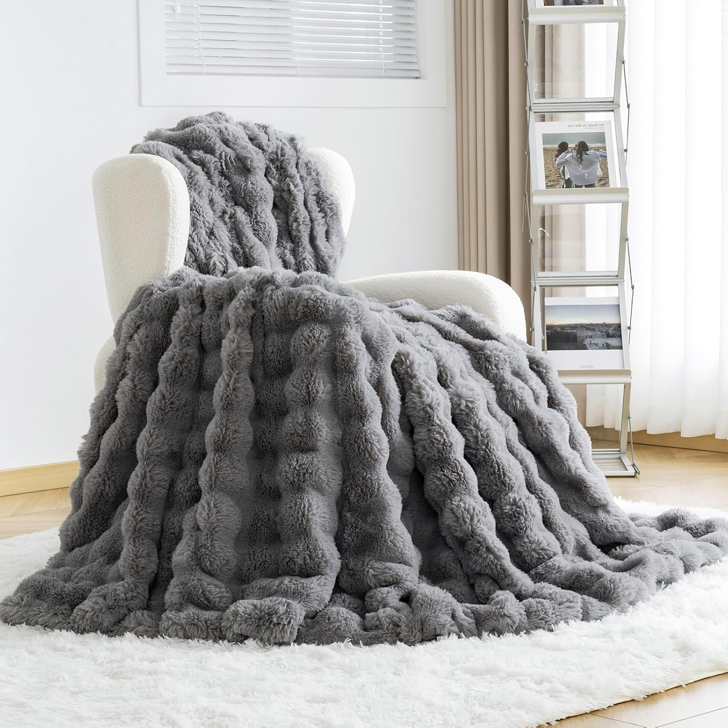omerai faux fur throw blanket for couch, soft fleece blanket twin, thick and warm bubble fuzzy throw blankets for bed, cozy plush reversible blanket, 60x80 grey twin 60“x80”