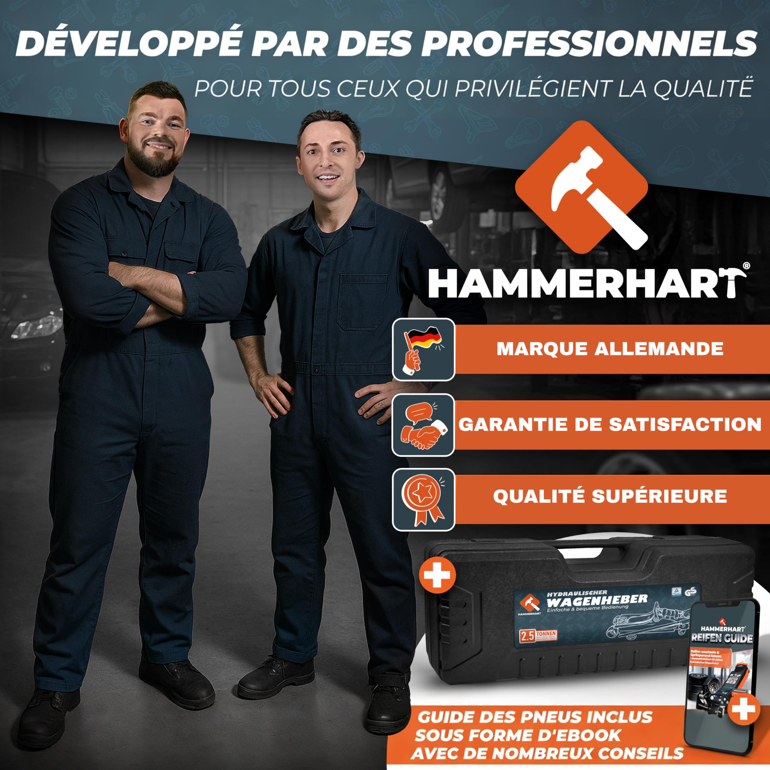 Cric hydraulique 2,5 t | Cric homologué TÜV avec Une Hauteur de Levage de 85 à 384 mm | Cric Professionnel avec 2 Patins en Caoutchouc, roulettes pivotantes à 360°, poignée en T et Coffret