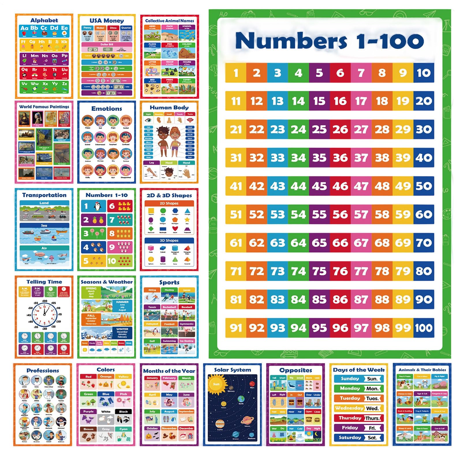 Poster educativi 20 fogli apprendimento interattivi riutilizzabili 42x28cm carta colori vivaci aula scuola materna
