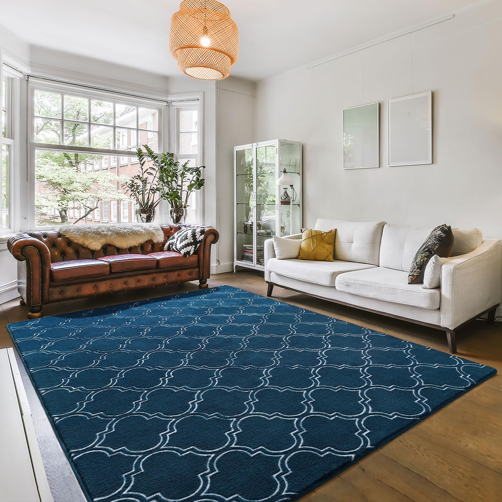 Amearea Fluffy Indoor Area Rug, Soft Trellis Moroccan Rugs for Bedroom, Shag Modern Area Rug for Living Room Kids Room Nursery, Easy Clean, Home Decor Low Pile Carpet, Teal Blue 6x9 Feet