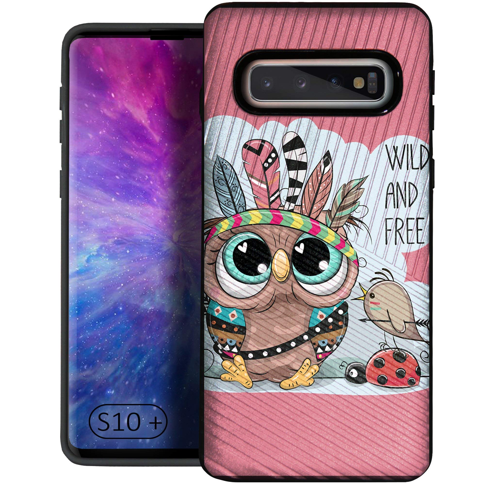 CasesOnDeck Case Compatible with [Samsung Galaxy S10+ | S10 Plus 6.4"] S10 Plus Case, Dual Layer Hybrid Combat Shock Shell Embossed Strip Case Cover (Cute Owl)