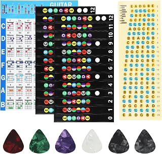 3 Pcs Guitar Fretboard Stickers with Color Coded Guitar Chord Chart and 6 Picks, for Beginner Learner Practice