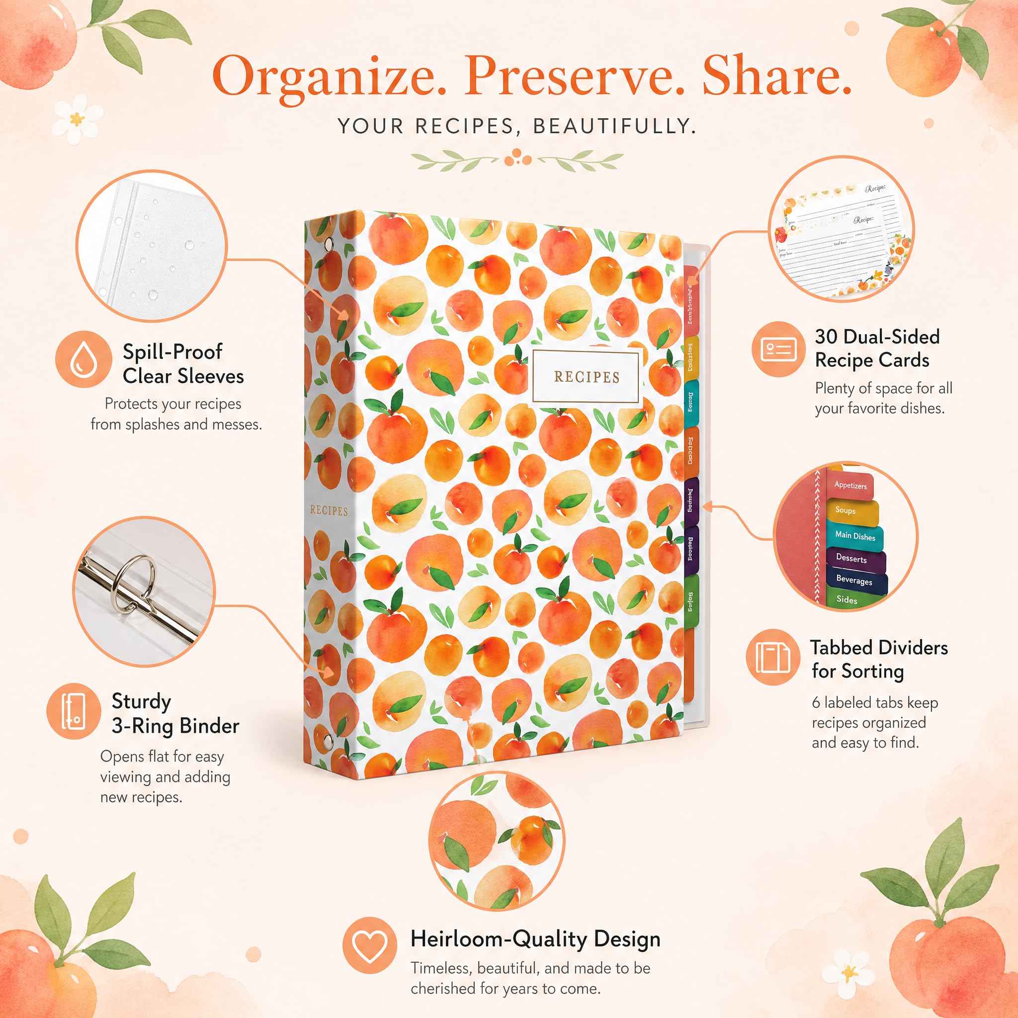 Jot & Mark Raccoglitore per ricette a 3 anelli, 21,6 x 27,9 cm, robusto, con maniche trasparenti a prova di fuoriuscite, 30 pagine per ricette scritte e stampate, divisori a schede, Peach Dream