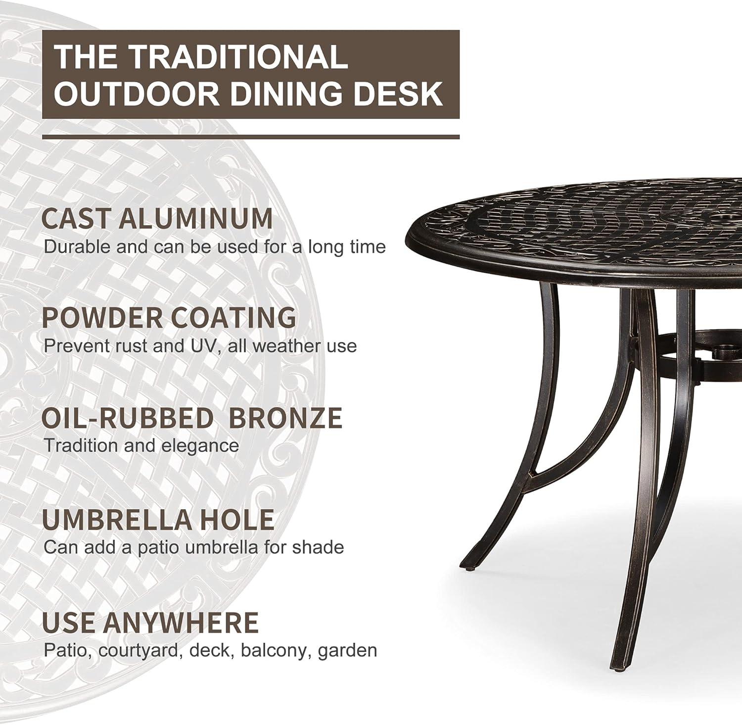 PURPLE LEAF Outdoor Dining Table 47'' Cast Aluminum Patio Funiture Table with Umbrella Hole Rhombic Round Patio Dining Table