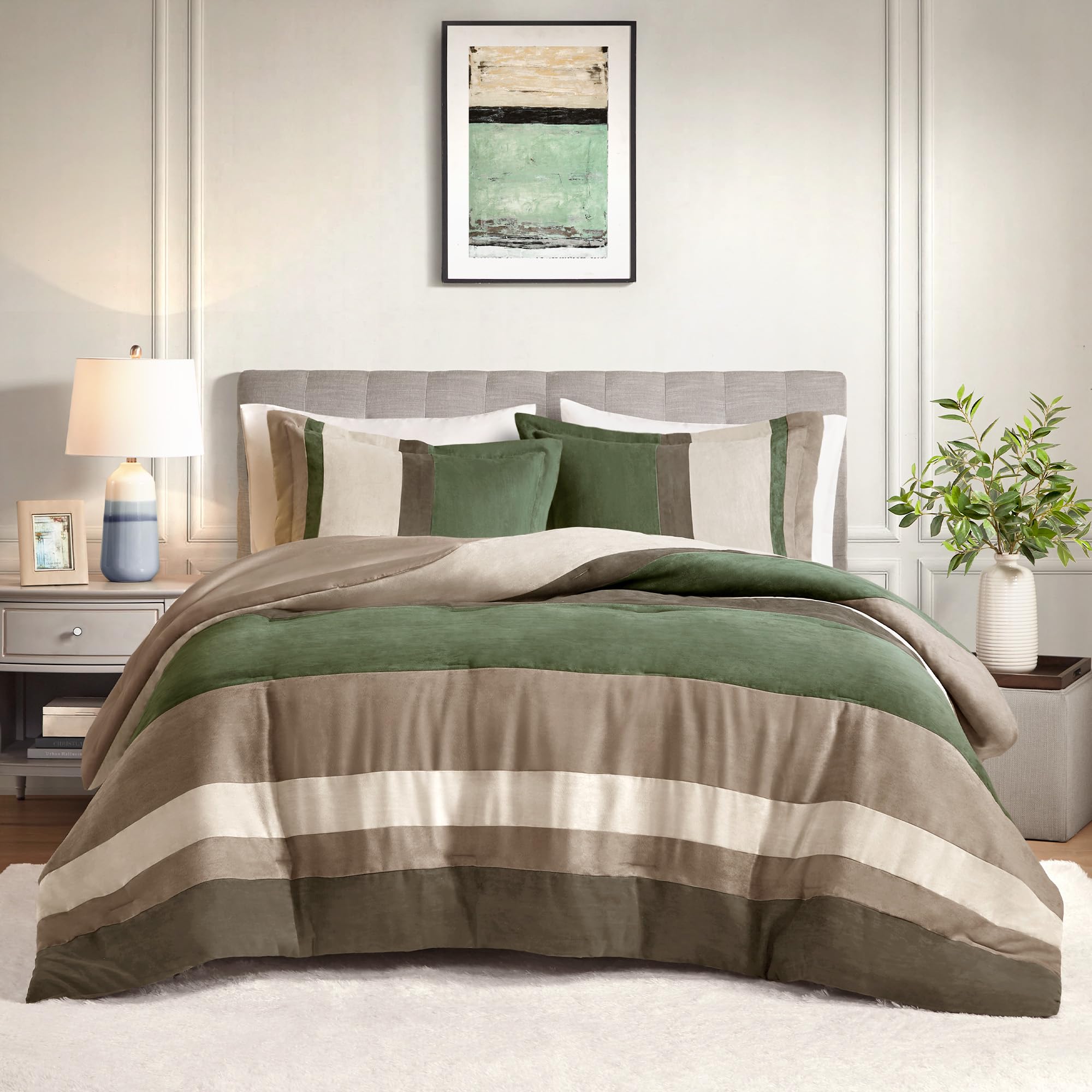 Comfort Spaces Twin Comforter Set, 2 Piece Luxe Microsuede, Pieced Design Color Block Stripes Bedding Comforter Sets, Winter Soft Brushed Microfiber Reverse, Matching Sham, Twin/Twin XL Green