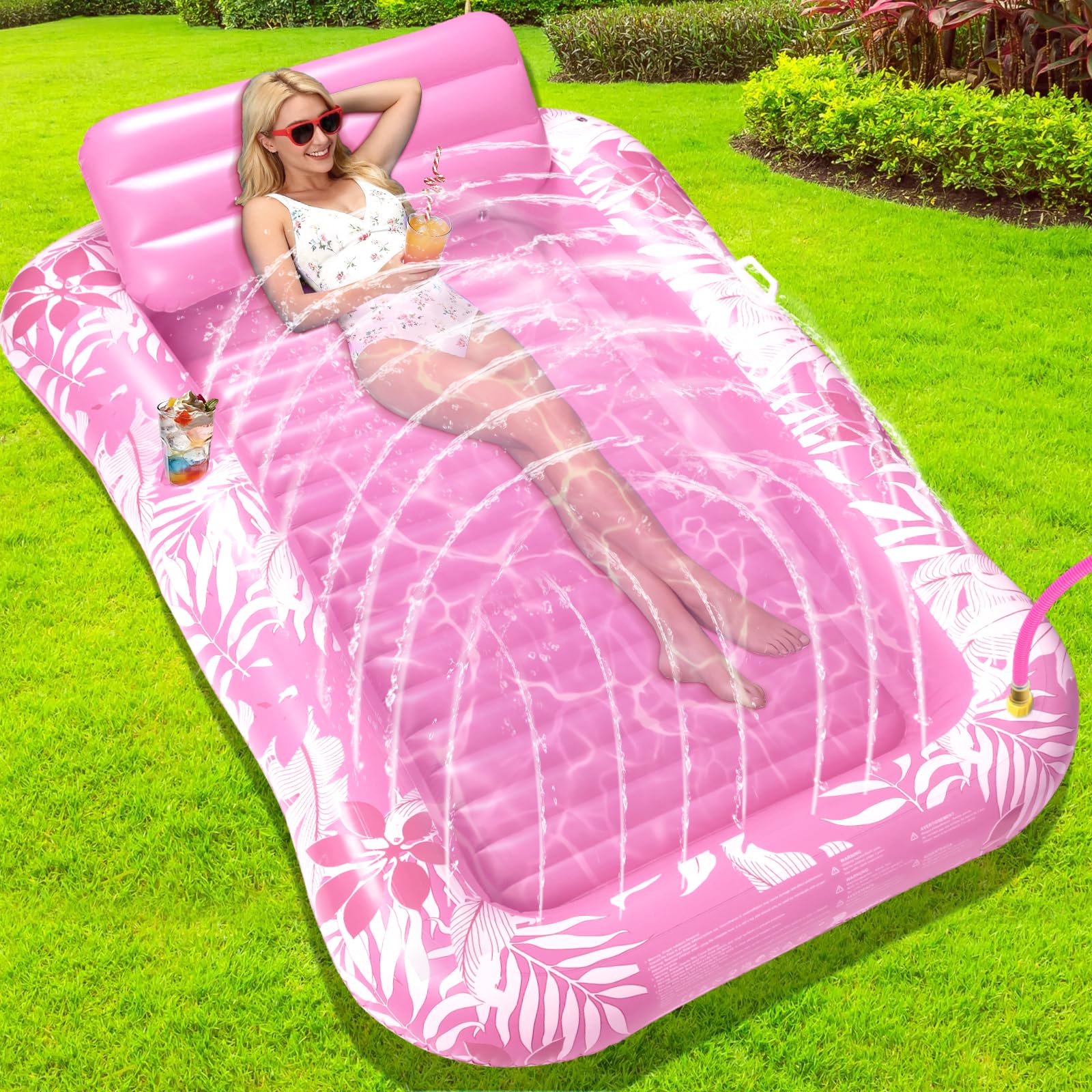 EFFILUMLUX Adult Air Mattress, Inflatable Swimming Bed with Sprinkler & Drink Holder, Large Water Hammock 210 x 130 cm, Tanning Air Mattress for Pool, Beach & Garden (Pink)