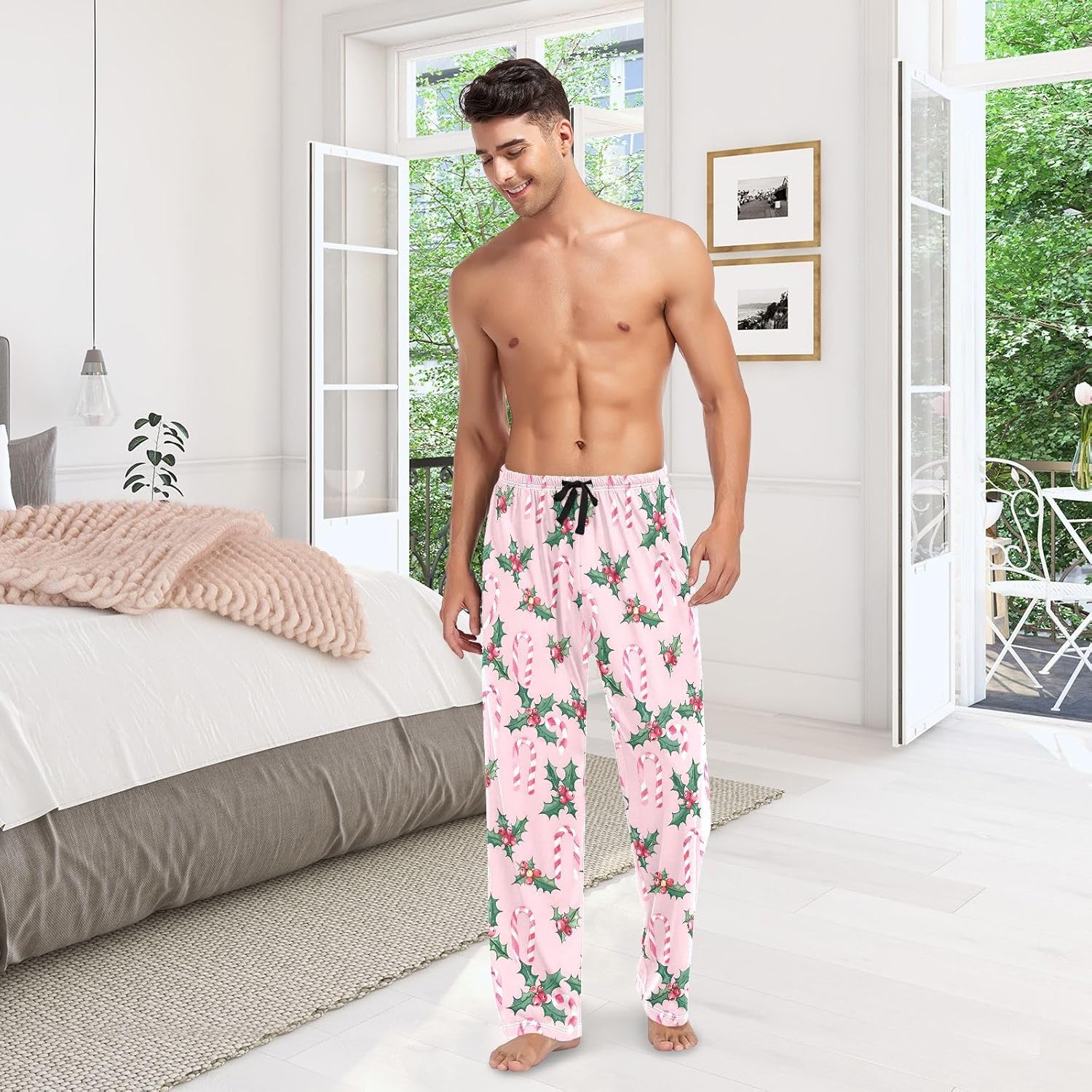 ALAZA Christmas Candy Bows Cane Men's Pajama Pants Men Cotton Pajama Bottoms with Pockets, S