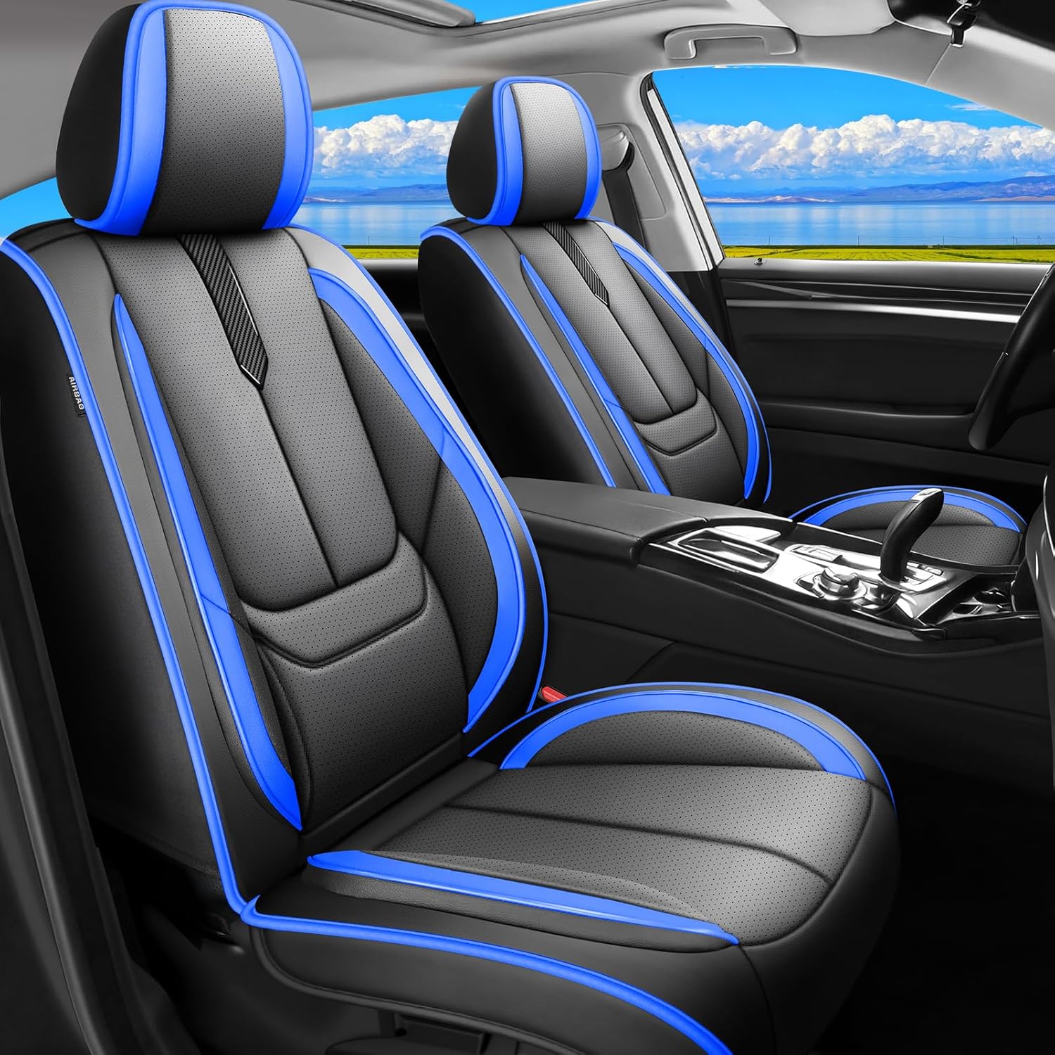 Fit Taos Car Seat Covers for VW Volkswagen Taos 2022-2025 2026 -Upgraded Premium Waterproof & Breathable Leather,Airbag Compatible,All-Weather Seat Cushion Protector,Full Set,Black-Blue