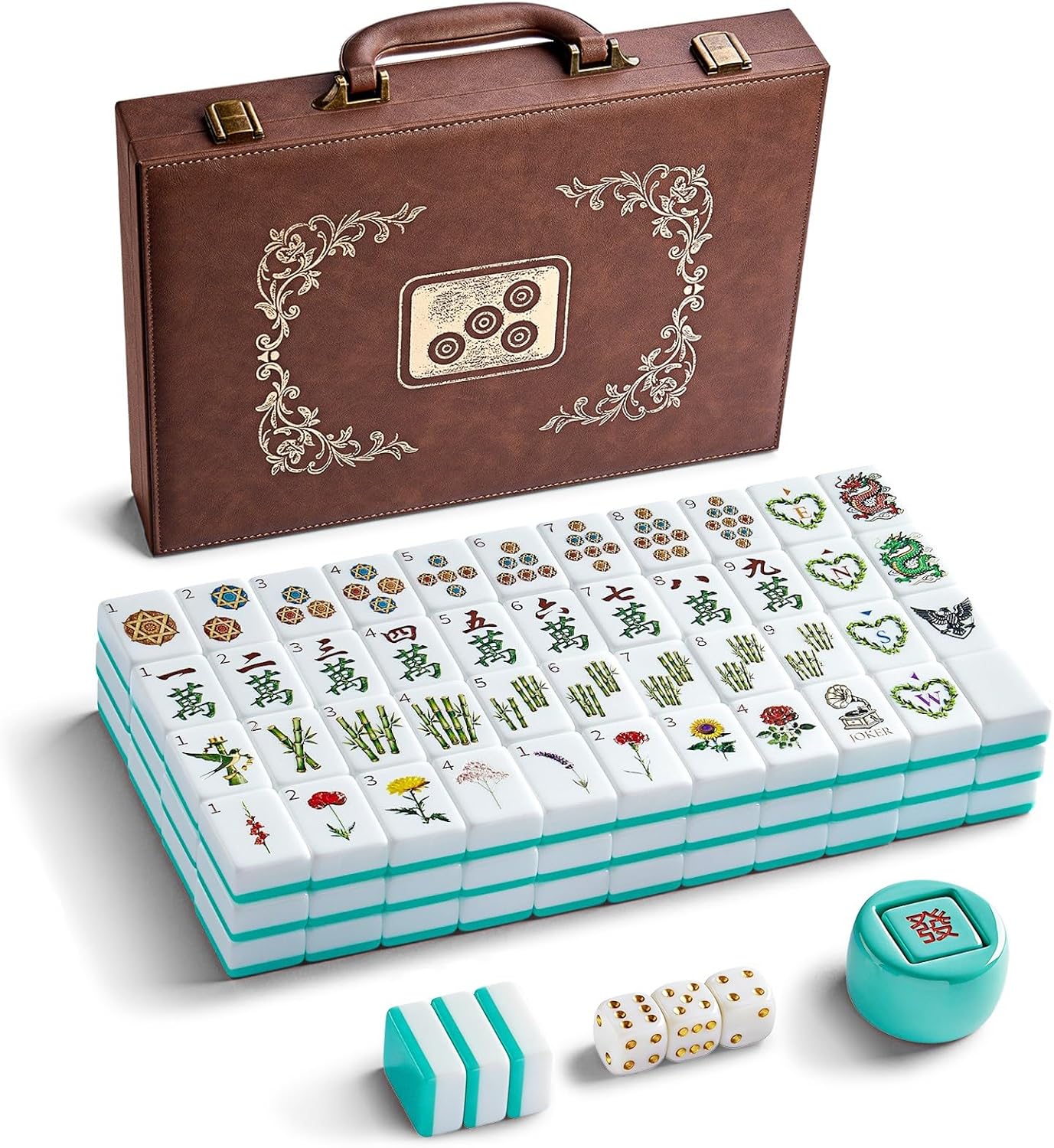 Color Al chemist American Mahjong Tile Set, 166 Vintage-Inspired Acrylic Engraved Tiles with Wind Indicator & Dice, Retro Leather Travel Case | Meaningful Present for Mahjong Social Circles
