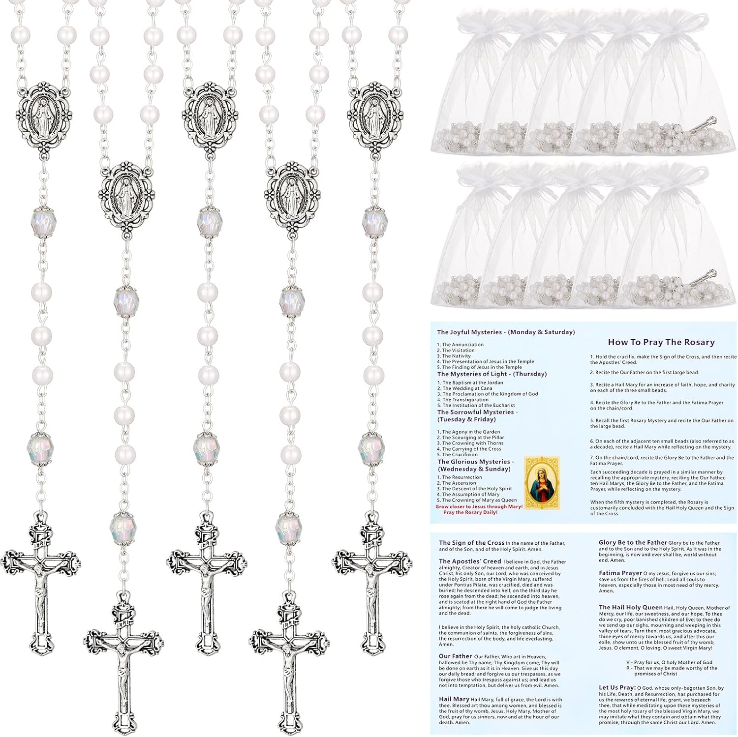 Tondiamo 36 Set First Communion Rosary Virgen De Guadalupe Pearl Rosary Our Lady of Guadalupe Rosarios Necklace with Cross Pendant Catholic Baptism Recuerdos Gifts Religious Memorial Gift for Women