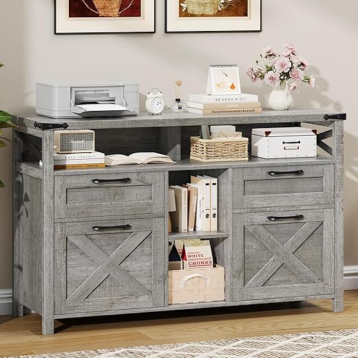 Halitaa Filing Organization Storage Cabinets 4 Drawer with Adjustable Shelf, Lateral Filing Cabinet with Open Storage Shelf for Home Office, Farmhouse File Cabinets for Hanging Files Letter/A4.Gray