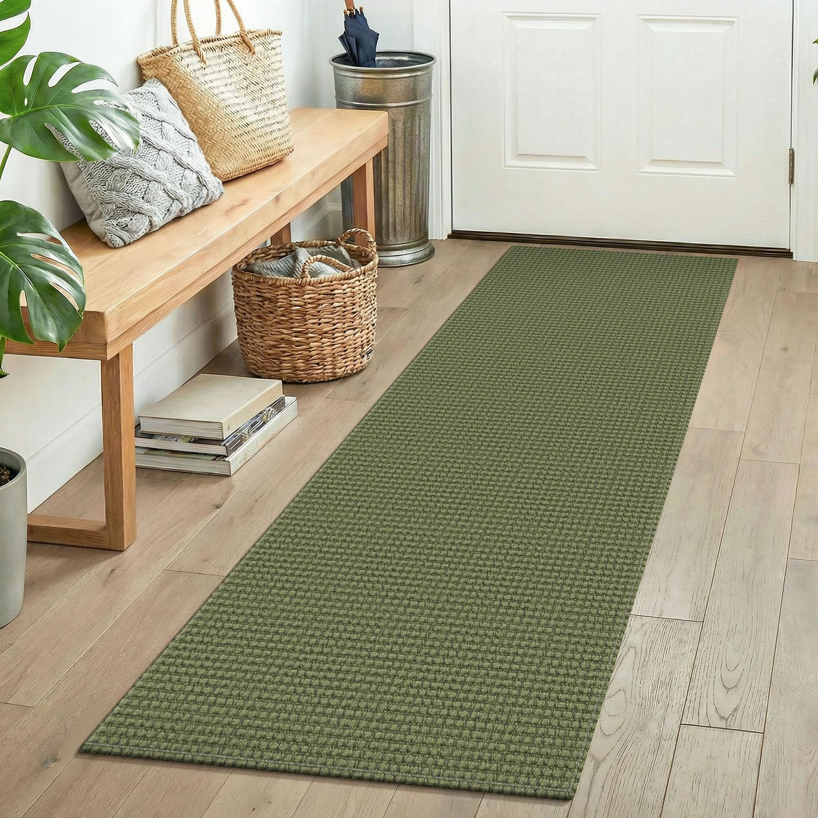 KOZYFLY Woven 2x5 Entry Runner Rug, Washable Runners for Entryway, Non Slip Hallway Rug, Small Throw Carpet Runner for Kitchen, Bedside, Hall, Bathroom, Olive Green/Earthy Green — image 1
