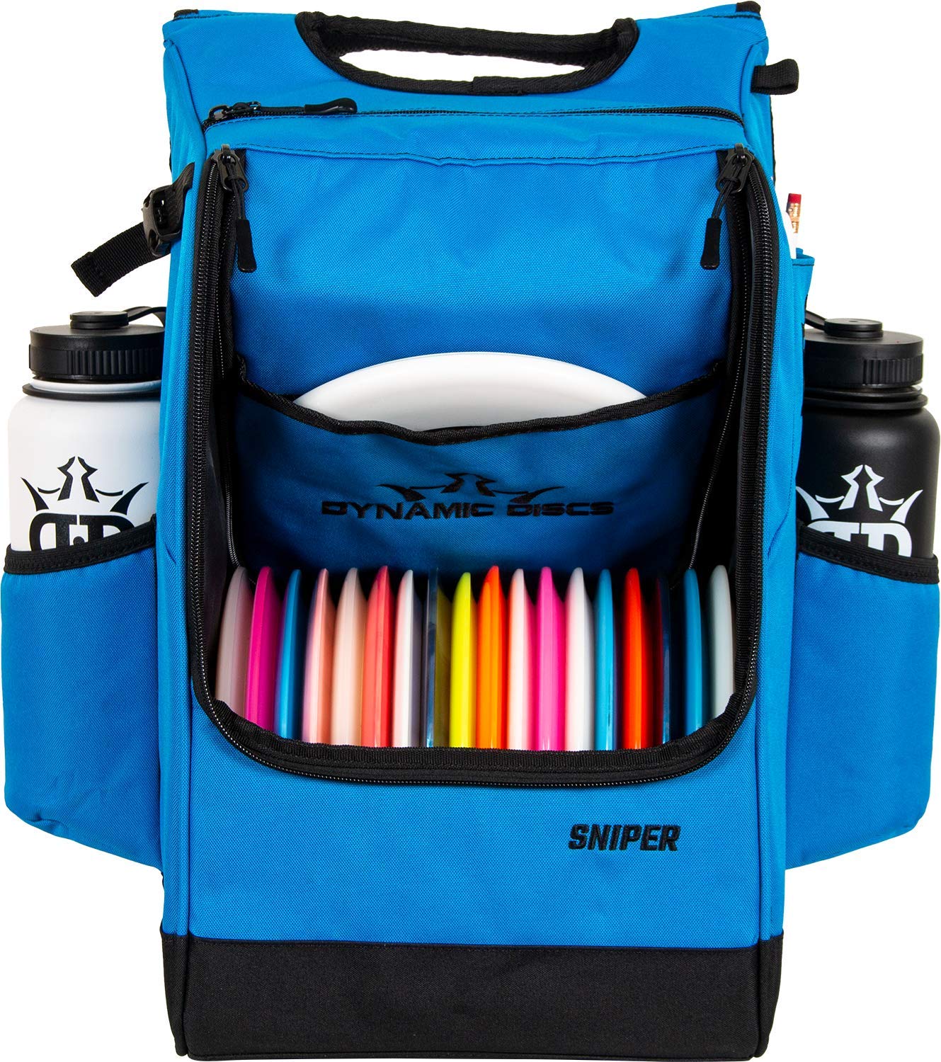 Dynamic Discs Sniper Disc Golf Backpack | 16 Disc Main Storage Compartment | Deep Top Zippered Pocket to Hold Additional Disc Golf Accessories | Two Water Bottle Holders
