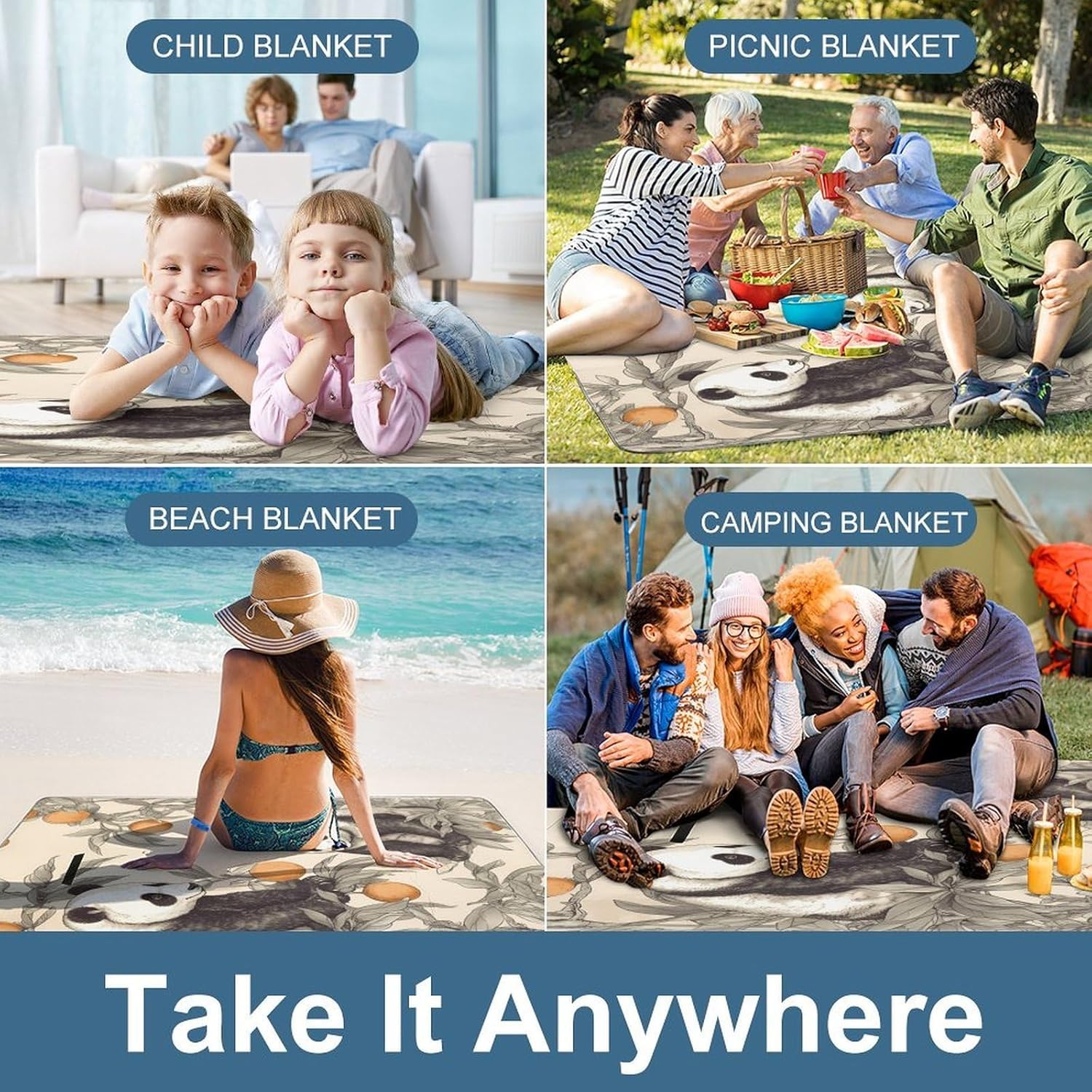 Animals and Oranges Waterproof Picnic Blanket 58.3''x58.3'',Portable and Foldable Picnic Mat with Handle,Outdoor Blankets for Lawn Park Beach Travel