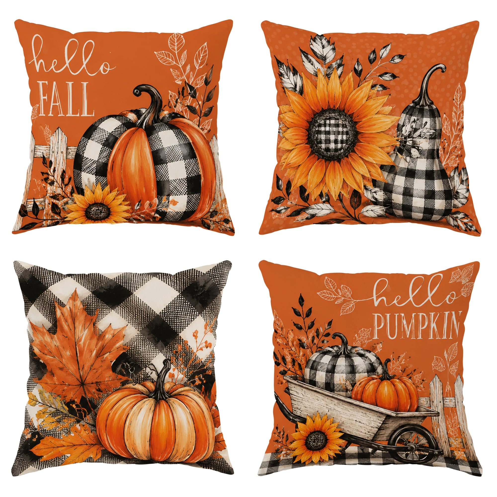 Housse de coussin automne 55x55 cm lot de 4 avec motif citrouille rustique