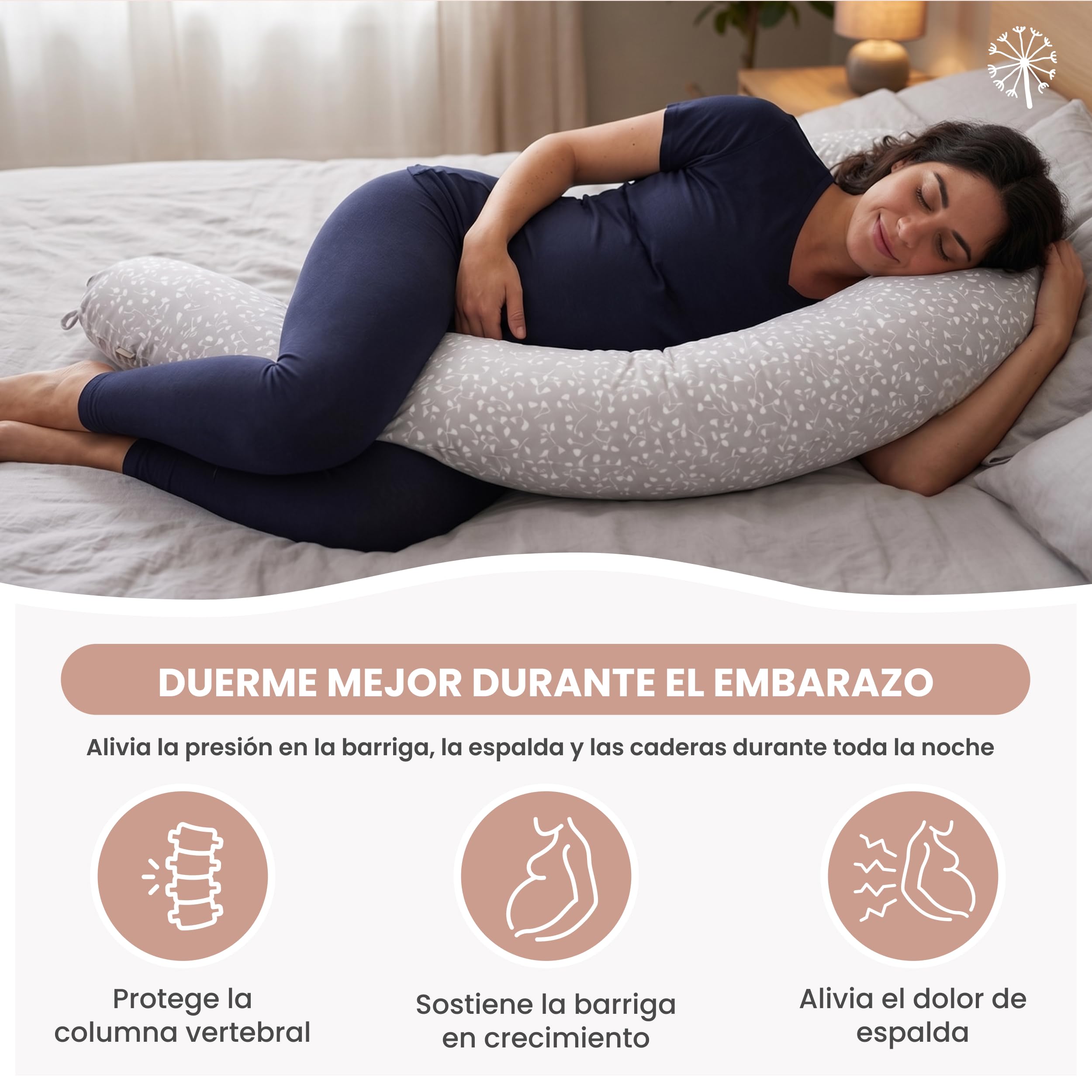 MIMUSELINA Cojin Lactancia y Embarazo 100% Algodón | Extra Grande y Mullido | 200 x 70 cm | Almohada Embarazada, Lactancia y Nido de Bebé | Funda Desenfundable y Lavable | Gris con Flores
