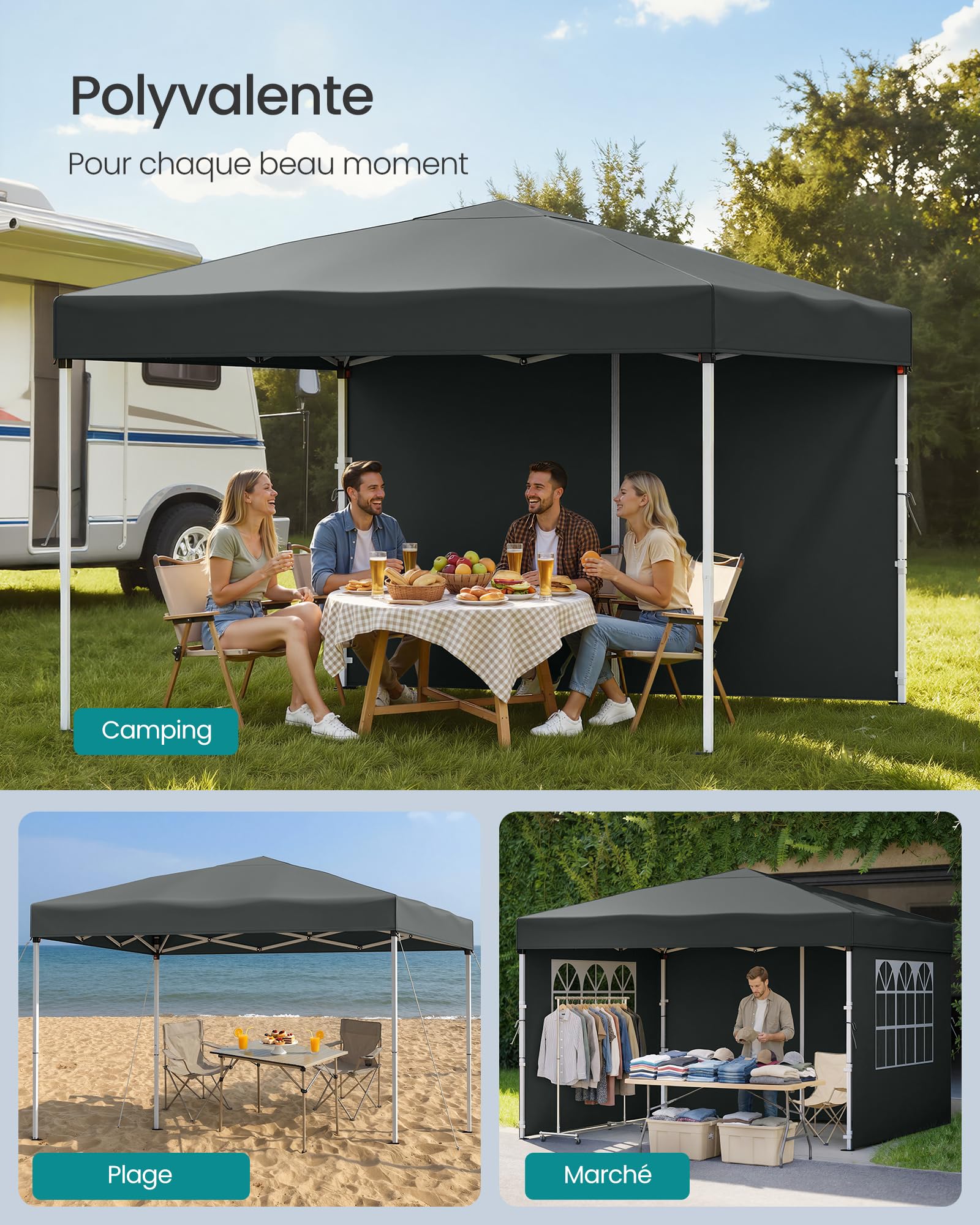 SONGMICS Tonnelle, Chapiteau Pliable, Protection Solaire, Résistante aux Petites Pluies, Portable, avec Parois Latérales, pour Cour, Jardin, Marché, 3 x 3 m, Gris Foncé GCT104GZ01