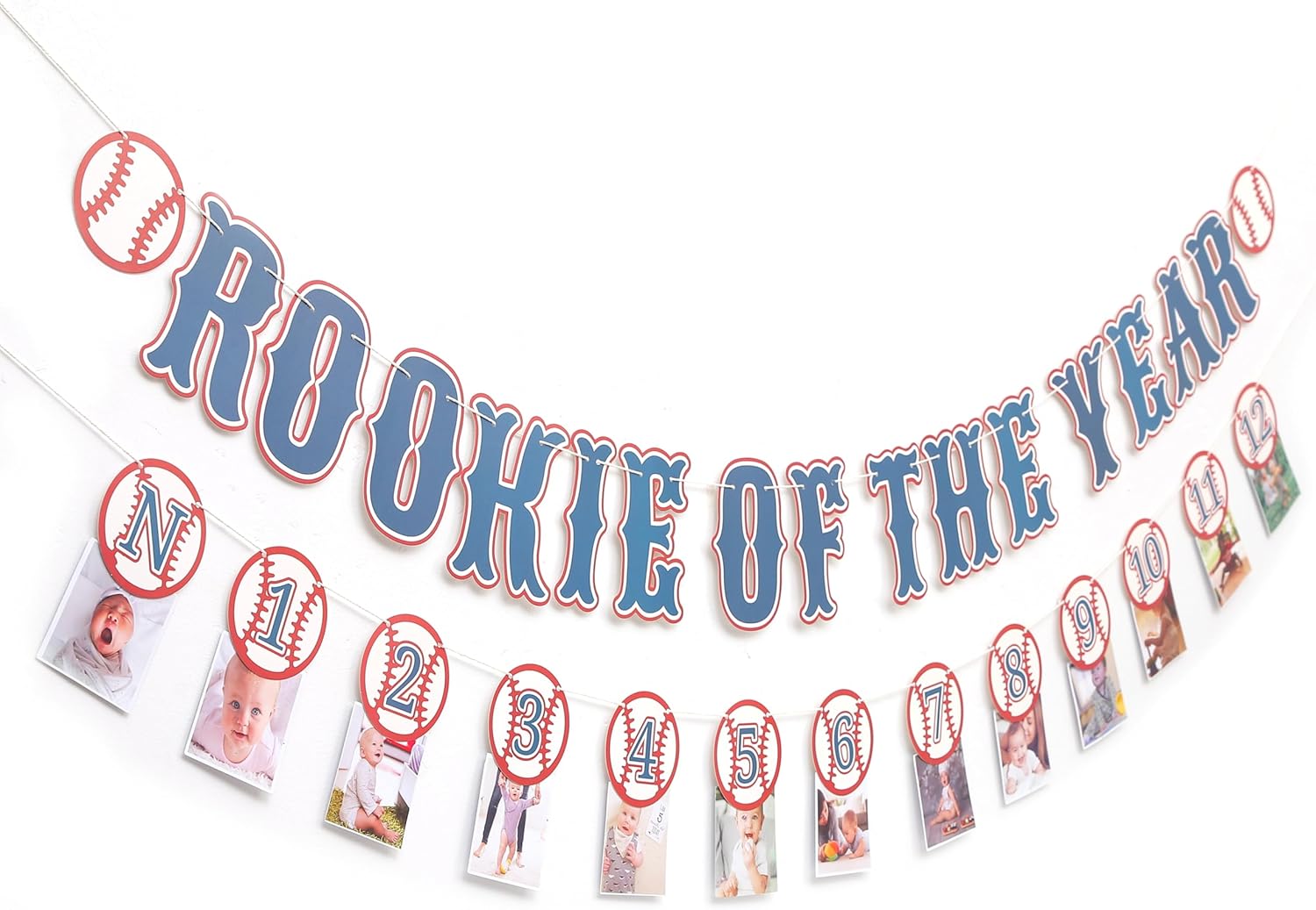 Rookie Of The Year 12 Month Photo Banner - Baseball First/1st Birthday Decorations,Rookie Of The Year Banner,Sports Birthday Party Decor (blue3)