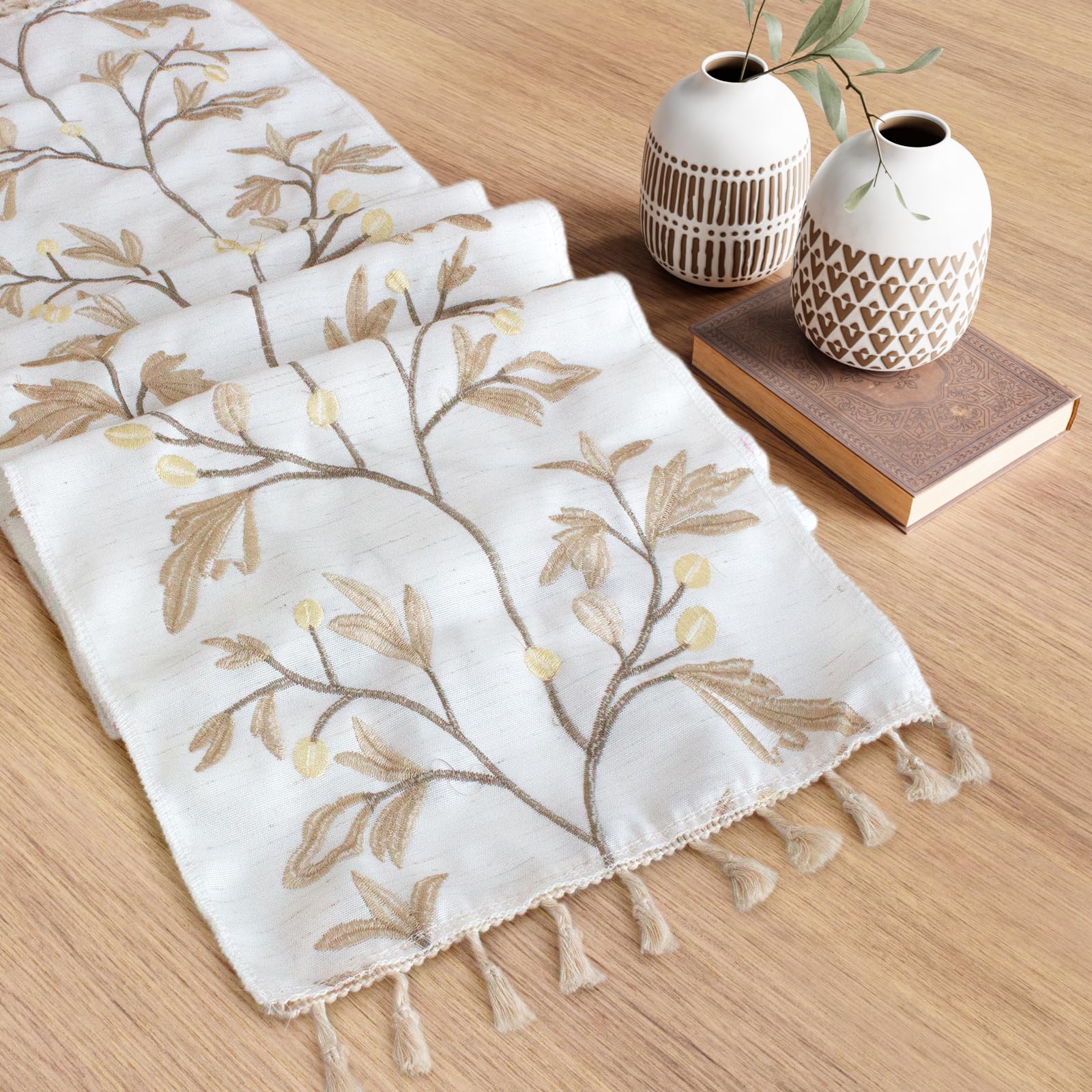 IVAPUPU Boho Table Runner - Brown Botanical Pattern, Cotton Linen Blend With Tassels - View #7