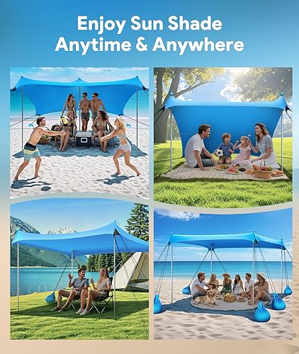 Miniatura 8 de Tienda de campaña de playa, refugio solar, toldo de playa de 10 x 10 pies, toldo UPF50+ con 8 sacos de arena y 4 postes de estabilidad, tiendas de