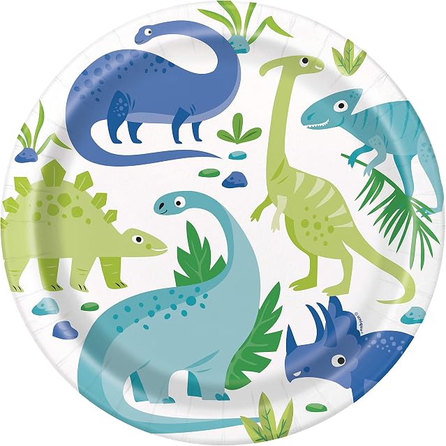 Unique Paper Plates - 23 cm - Blue & Green Dinosaur Party - Pack of 8, Multicolour
