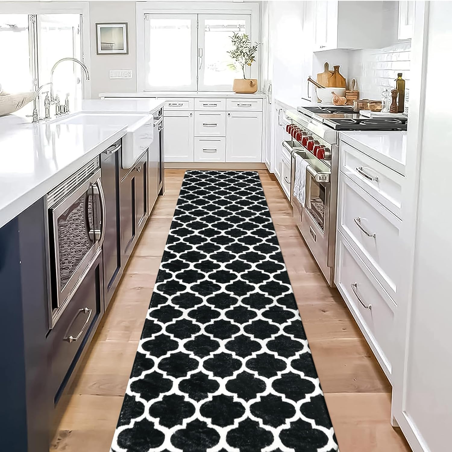 Lahome Moroccan Runner Rugs for Hallway 2x10 - Non-Slip ‎Stain Resistant Black Runner Rug Lightweight Throw Washable Long Kitchen Rugs Runners, Modern Soft Carpet Runner for Bathroom Entrywa