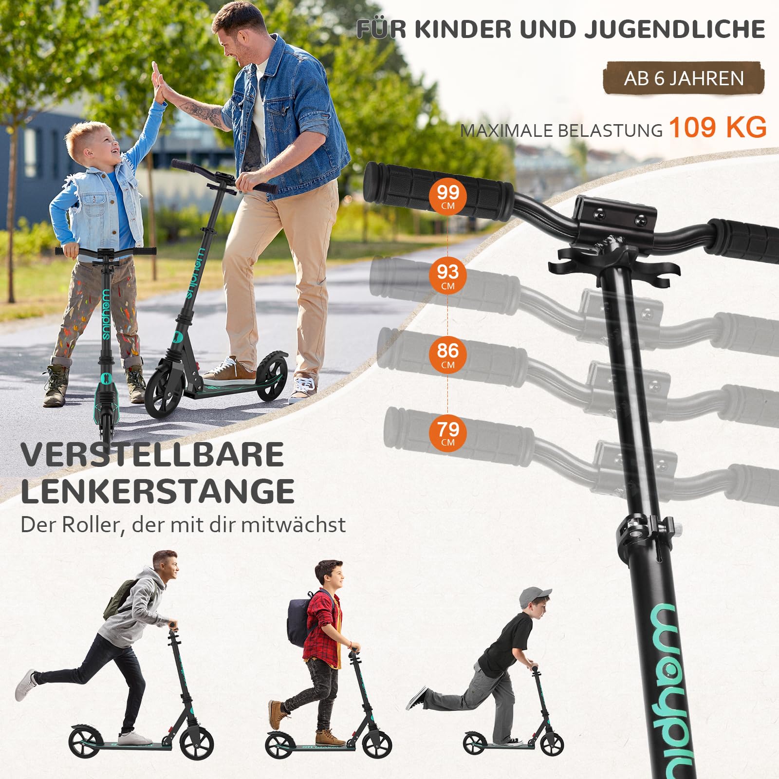 WAYPLUS Trottinette Enfant, Trottinette Enfant avec Grandes Roues PU 200mm & Roulements ABEC-9 Réglable 78-94 cm, Pliable, 4,08 kg Direction à Basculement & Frein au Pied, Enfants & Adultes 108 kg
