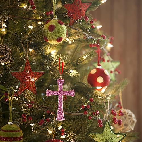 Miniatura 5 de WaaHome Adornos de Navidad cristiana de cruz de metal, adornos de Navidad religiosos, adornos de Navidad religiosos, recuerdos de cruz rosa, adornos