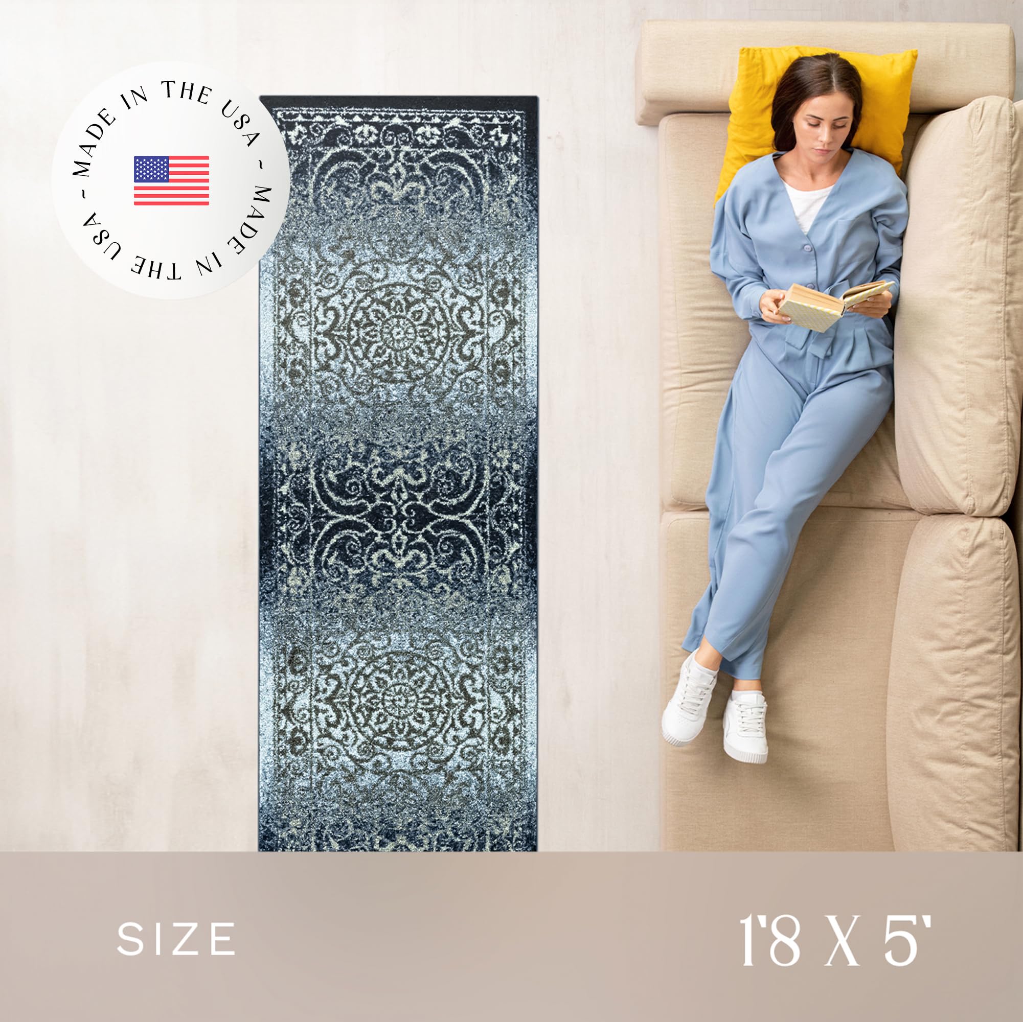 Maples Rugs Pelham Vintage Medallion Area Rugs - Made in USA - Low Pile, Non Slip, Pet-Friendly Mat for Bedroom, Office, Living & Dining Room, 5' x 7', Wineberry: Navy/Grey 1'8" x 5' (Oblong)