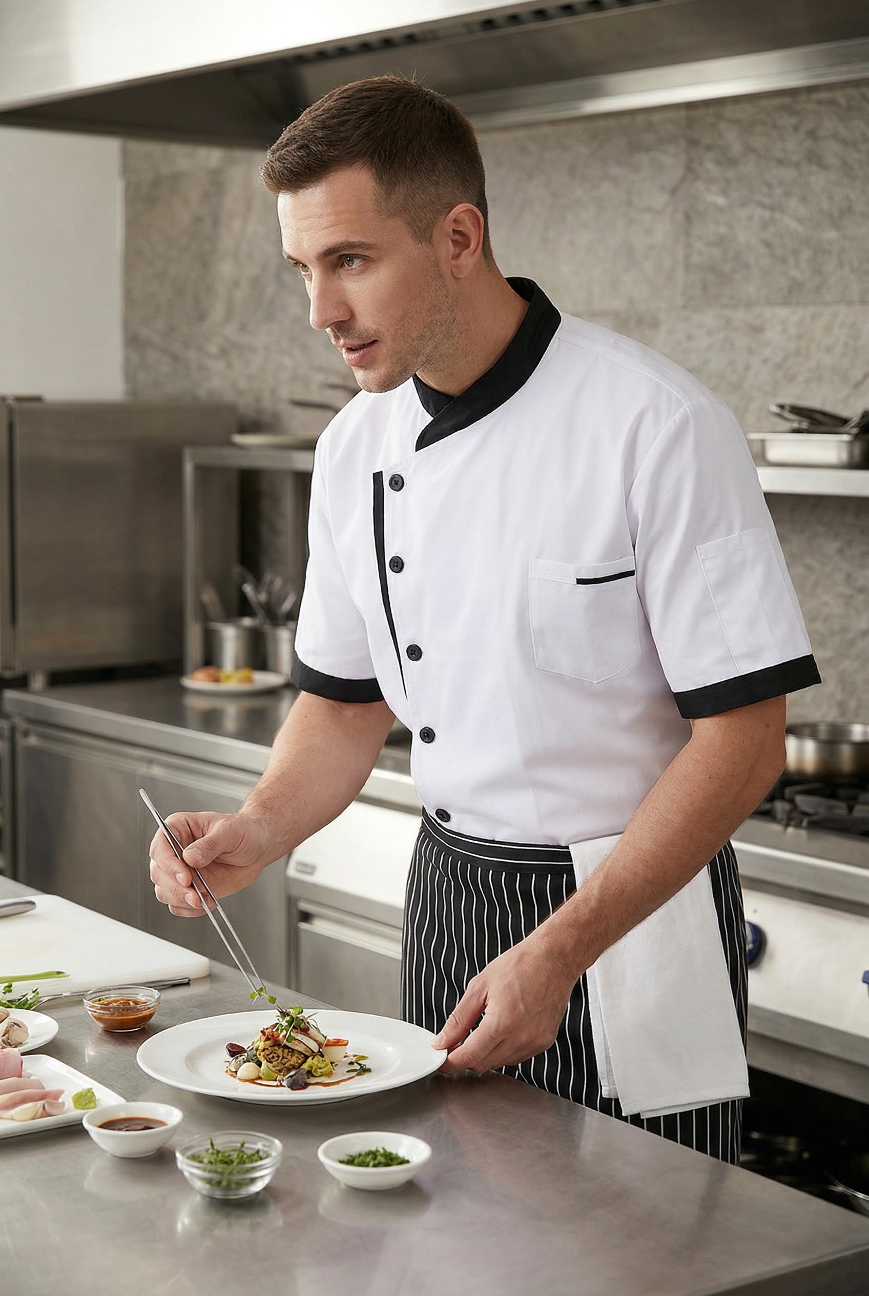 Nanxson Unisexe Veste de Cuisinier Professionnel Blouse de Cuisine Manches Longues avec Poche pour Cuisinier Serveur Hôtel Restaurant Bar CFM0016