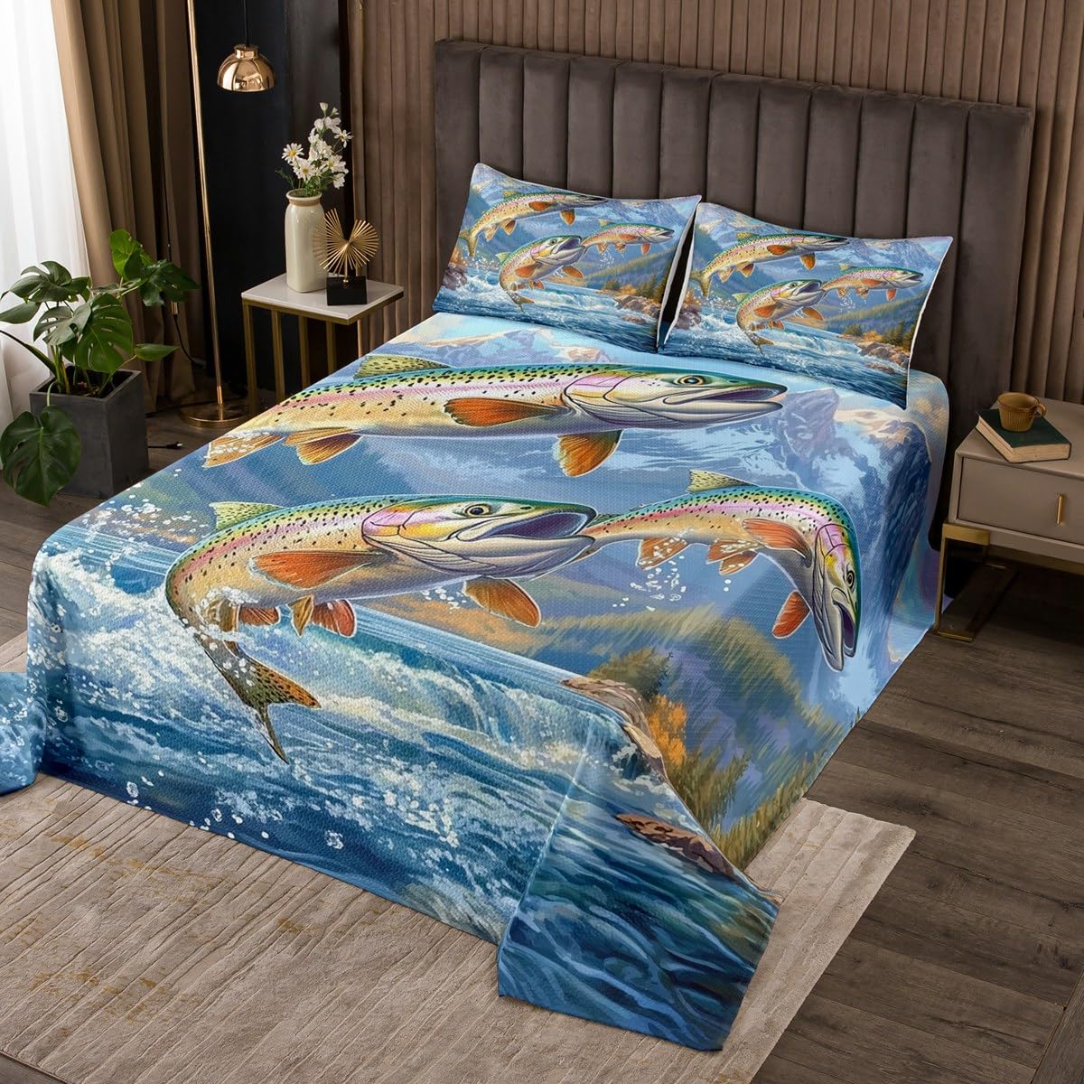 Erosebridal Fishing Theme Twin Quilt,Big Pike Bass Fish Bedding Set for Kids Boys Girls,Rustic Mountain Quilts Bed Set,Lake House Country Coverlet Bedroom Decor with 1 Pillowsham