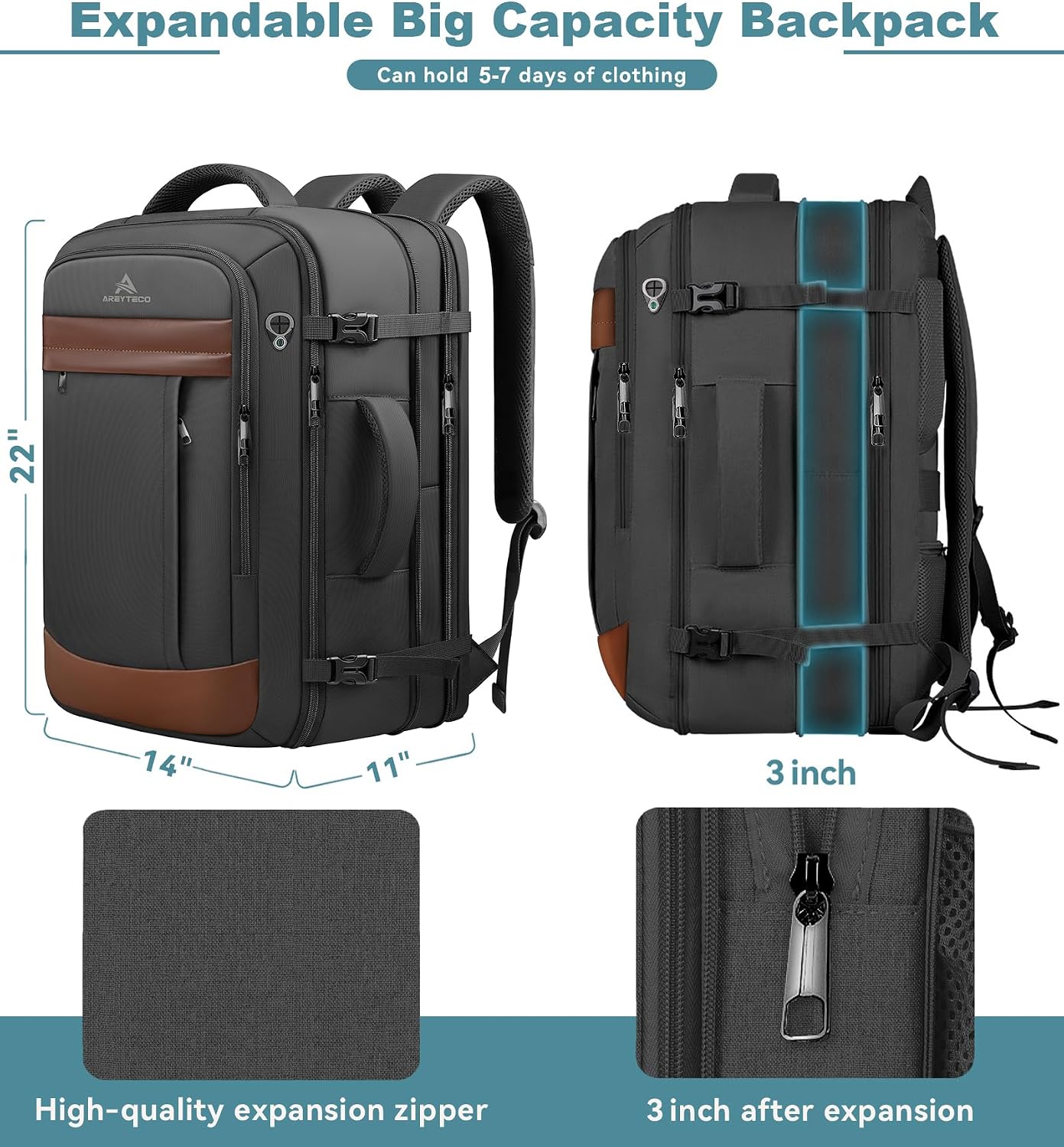 AREYTECO Expandable Travel Backpack, 55L Carry On Backpack Extra Large Laptop Backpack, Airline Approved Business Suitcase Daypack Bag Fits 18 Inch Laptops, Travel Gifts for Men Women image 2