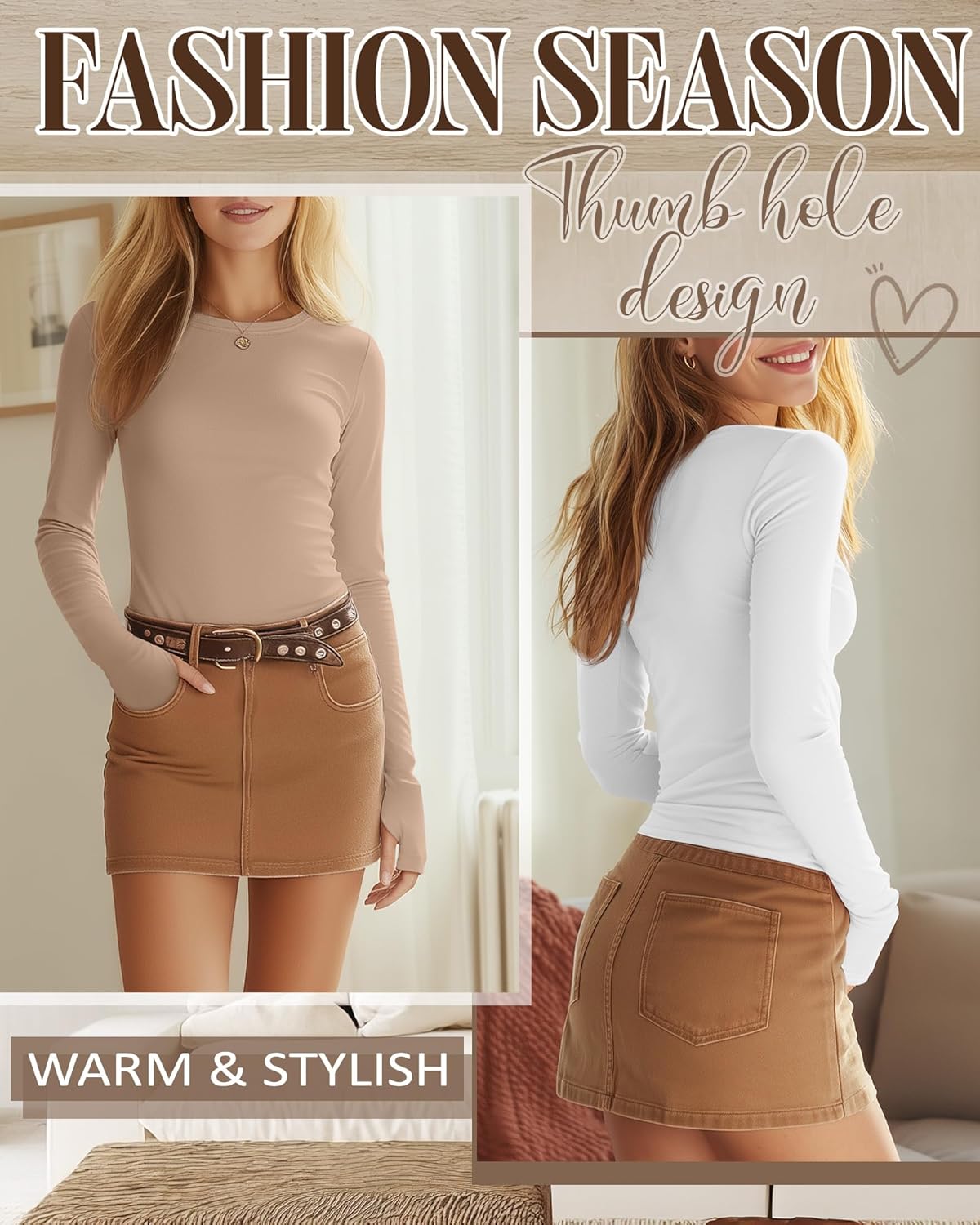 3 Pack Women's Long Sleeve Shirts Slim Fit Thumb Hole Shirt Crew Neck Casual Basic Tee Going Out Top Stretch Layer - Image 3