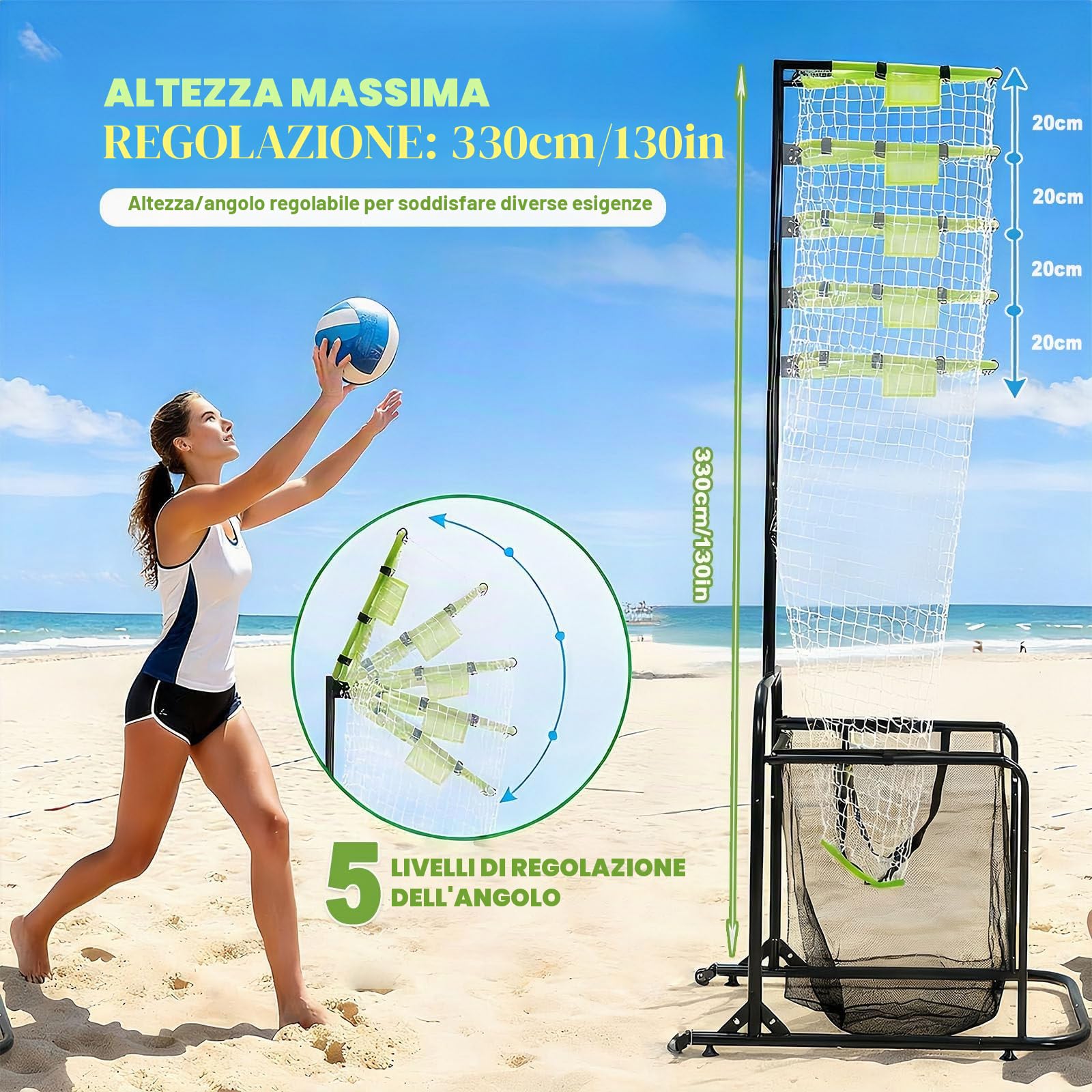 Rete per Allenamento Pallavolo con Carrello Portatile con Ruote, Attrezzatura per Allenamento Pallavolo con 5 Opzioni di Altezza E Regolazione Dell'angolazione del Canestro