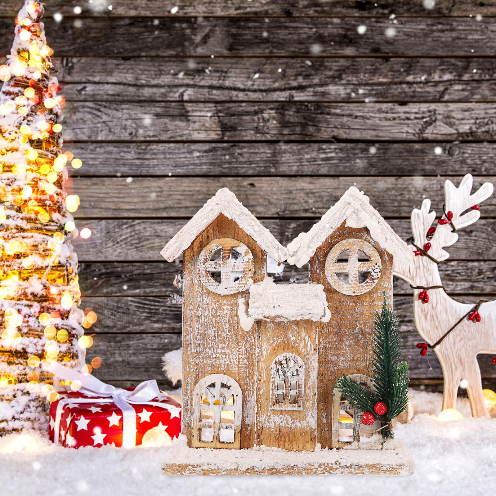 STOBAZA Adorno Navideño de Casa de Madera Pequeña Luz Nocturna Integrada Decoración Navideña sin Pilas Miniatura Efecto Nieve para Ambiente Festivo y Sala de Estar