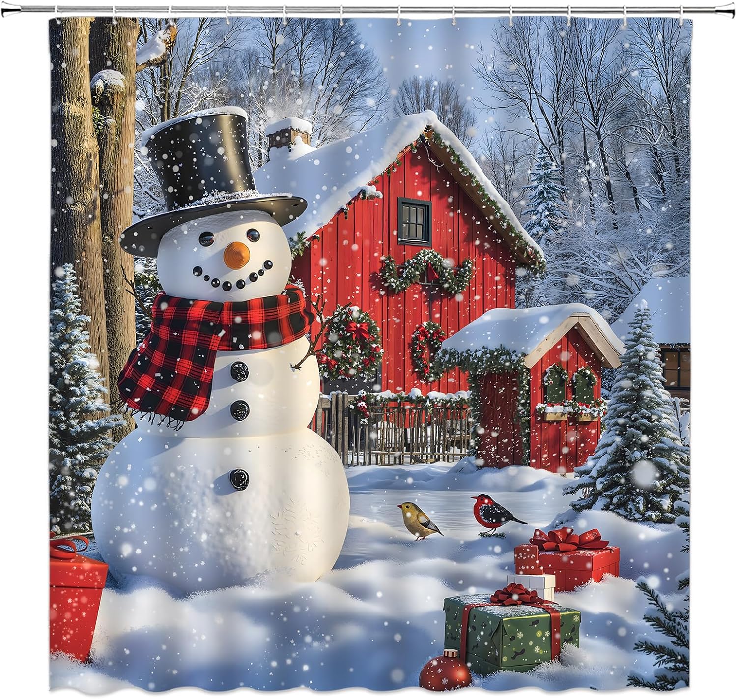 GCTNBJL Christmas Snowman Shower Curtain Winter Forest Snowy Tree Rustic Barn Farmhouse Red Blue White Extra Long Bathroom Home Curtain with Hooks,70x78 Inch