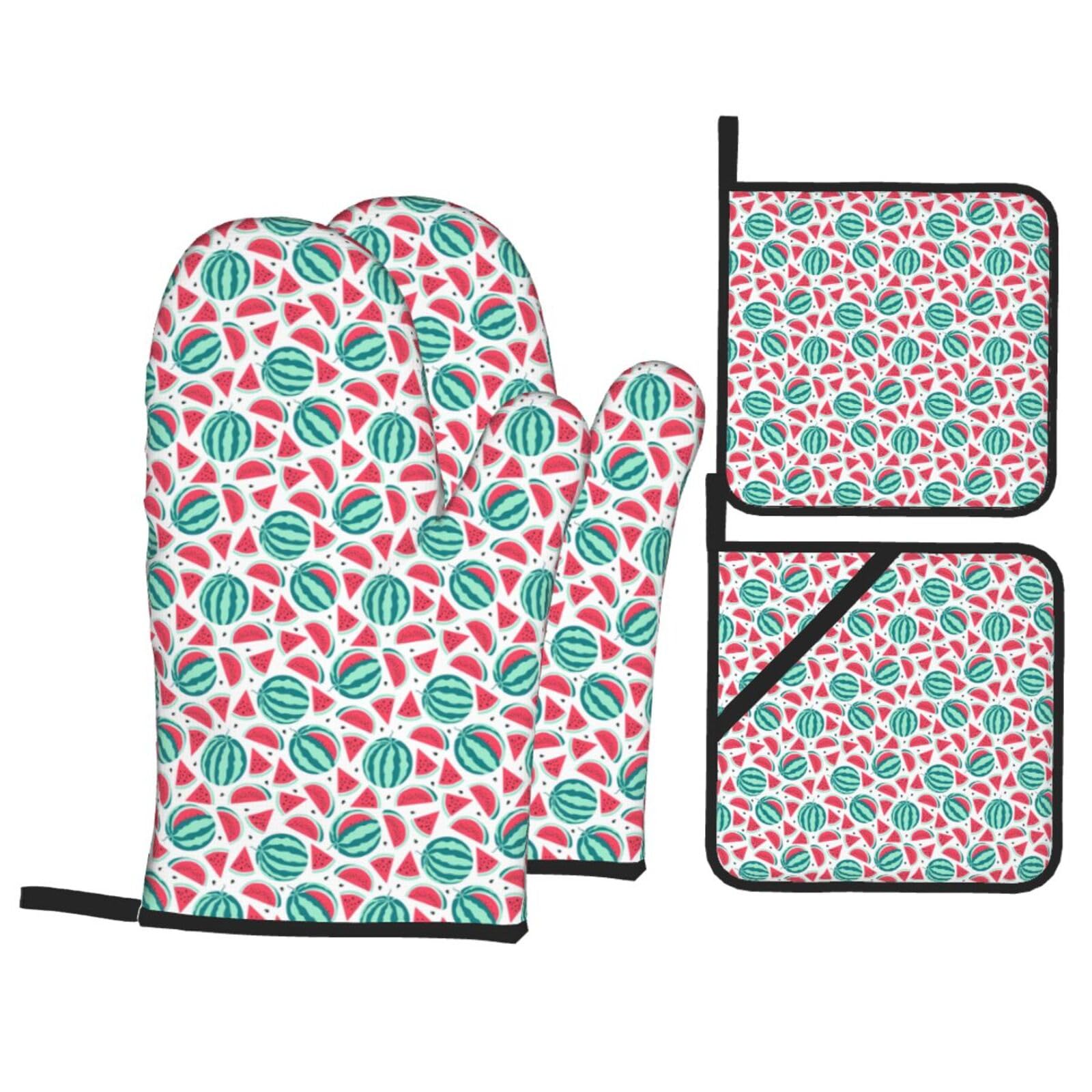 Nimongt Black Fruits Watermelon Print Heat-Resistant 4-Piece Oven Kitchen Gloves For Baking Cooking Microwaving Essentials