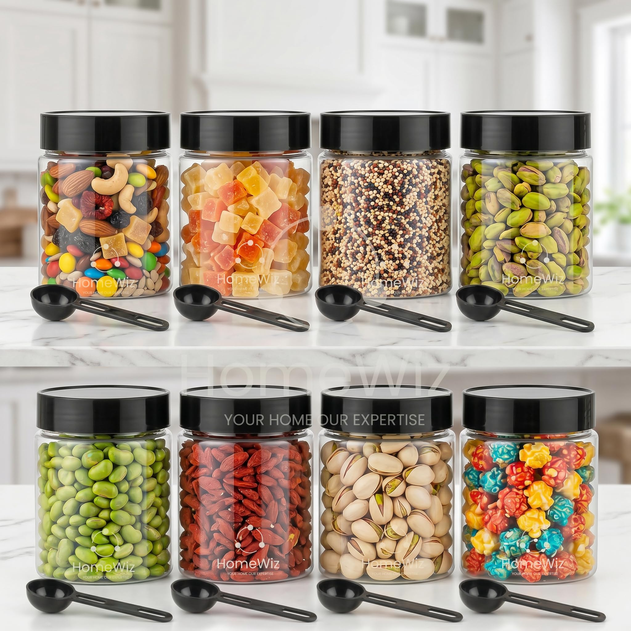 HomeWiz Airtight Kitchen Storage Containers Set of 8 (250 ML Each) | Unbreakable Transparent Plastic Masala Box Dabba for Spice, Cereal, Dry Fruits | Round Jars with Spoons | Kitchen Accessories items-image-4