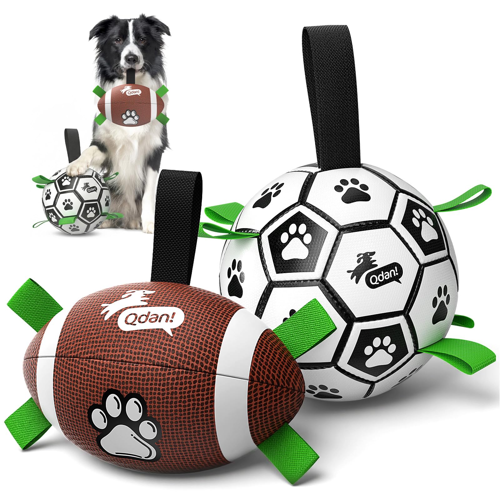 QDAN Dog Soccer Ball Football Set - 2 PCS Dog Balls with Strap for Tug of War, Soccer Ball Football Toys for Small Medium Large Dogs, Herding Ball for Dogs, Dog Birthday Toy โ image 1