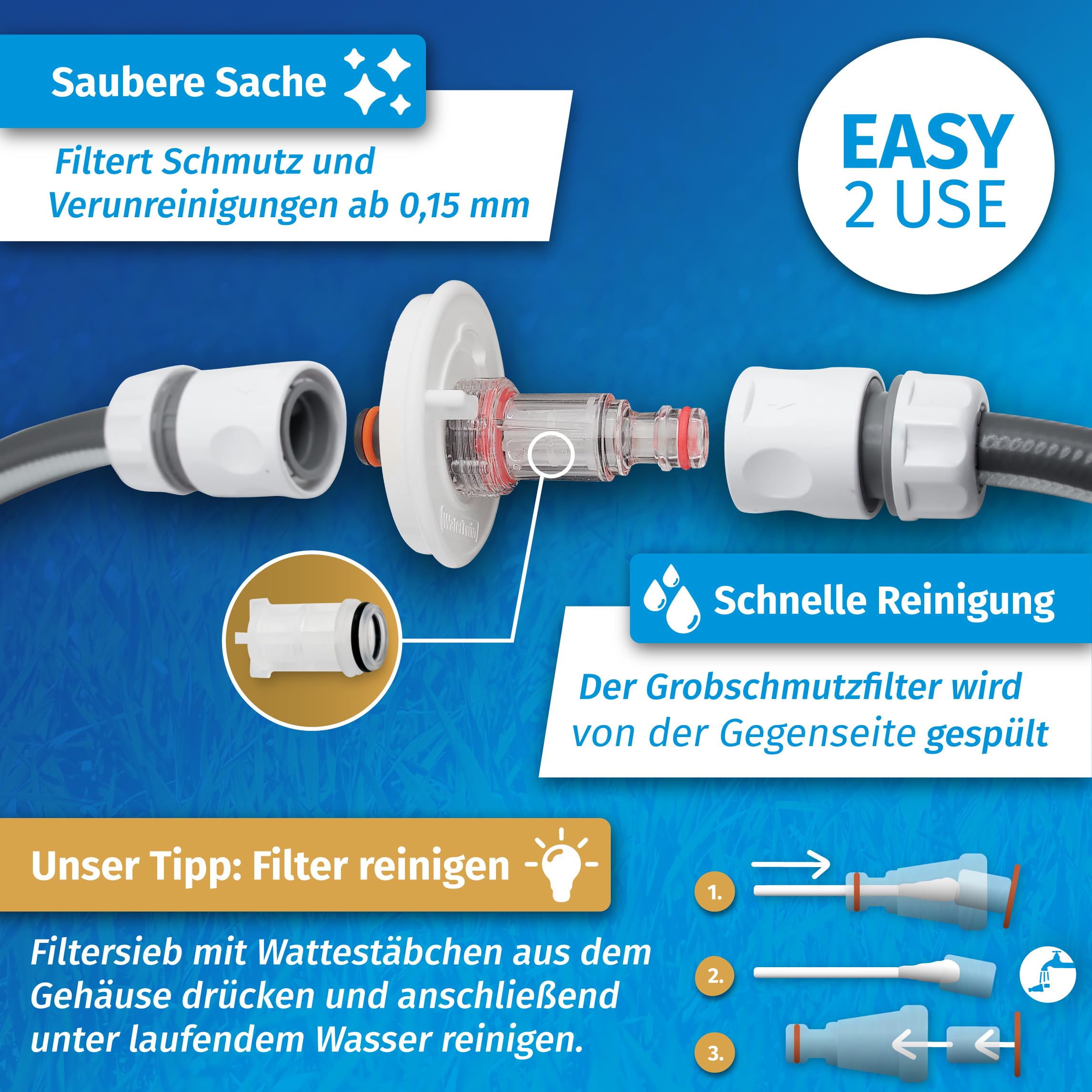 MaJoCompTec® WATERTWIN-PRO Tappo per serbatoio con attacco acqua | Adattatore con filtro per tappo del serbatoio dell'acqua 3-PIN D:78 | Bocchettone di riempimento attacco acqua | Accessorio per