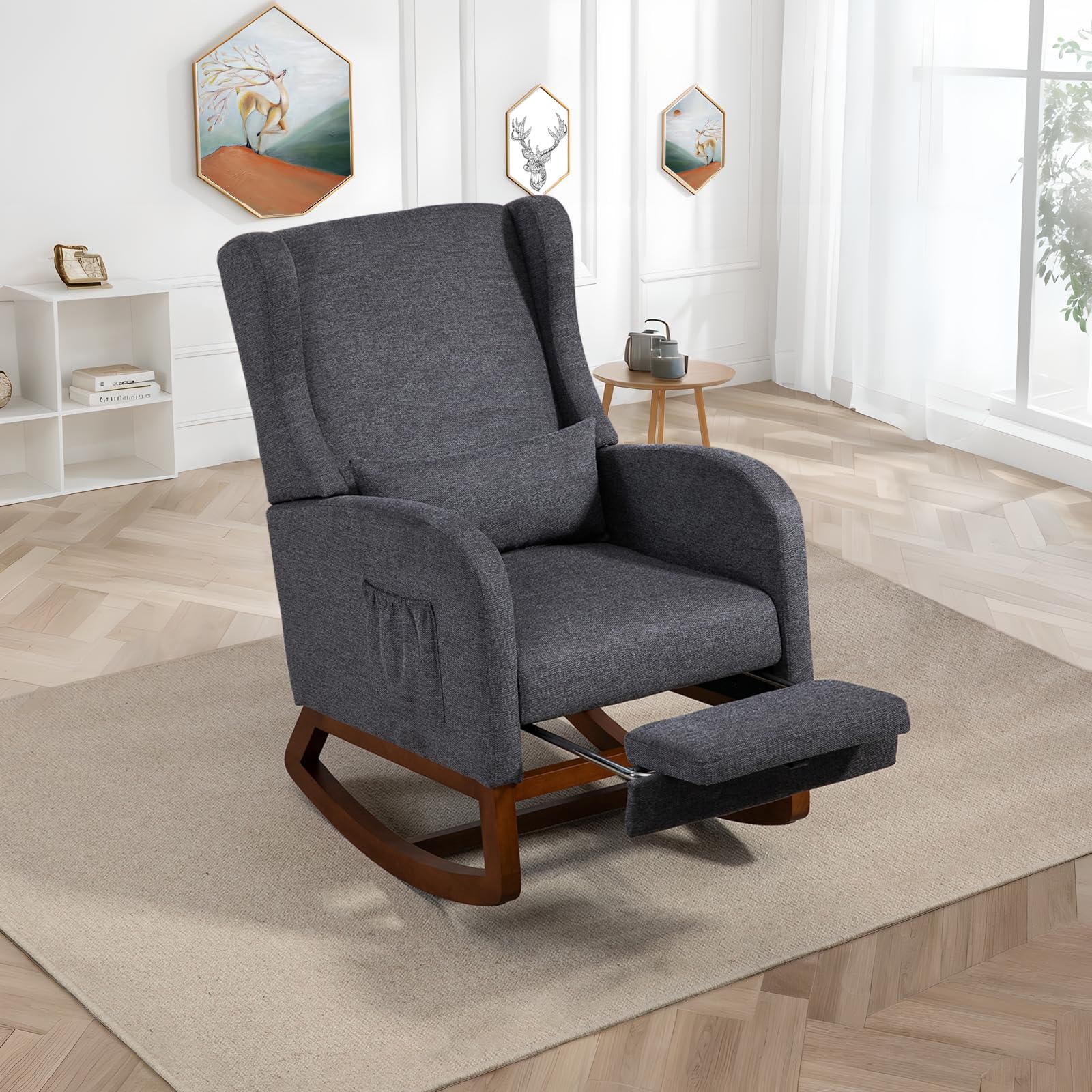 Modern Rocking Chair Nursery Glider, Comfy Rocker Nursery Chair with Foot Rest, Accent Reading Chair with Pillow and Pocket, Upholstered Lounge Chair with Solid Wood Base for Relaxing (Charcoal)