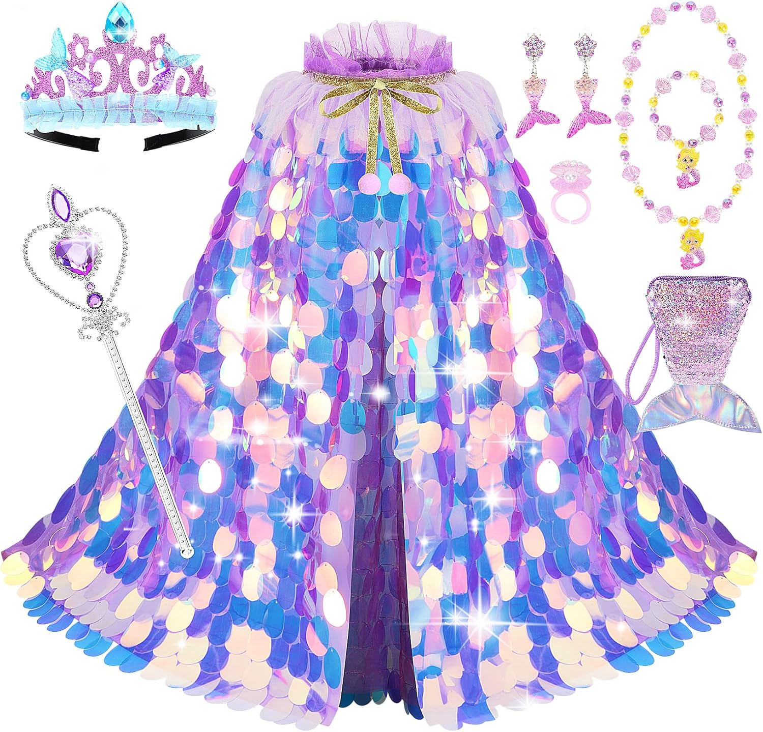 Princess Dress Up Toys Princess Dress Up Clothes Rainbow Mermaid Cape Kit 9 Pcs Gift Set for Little Girls 3-8 Years